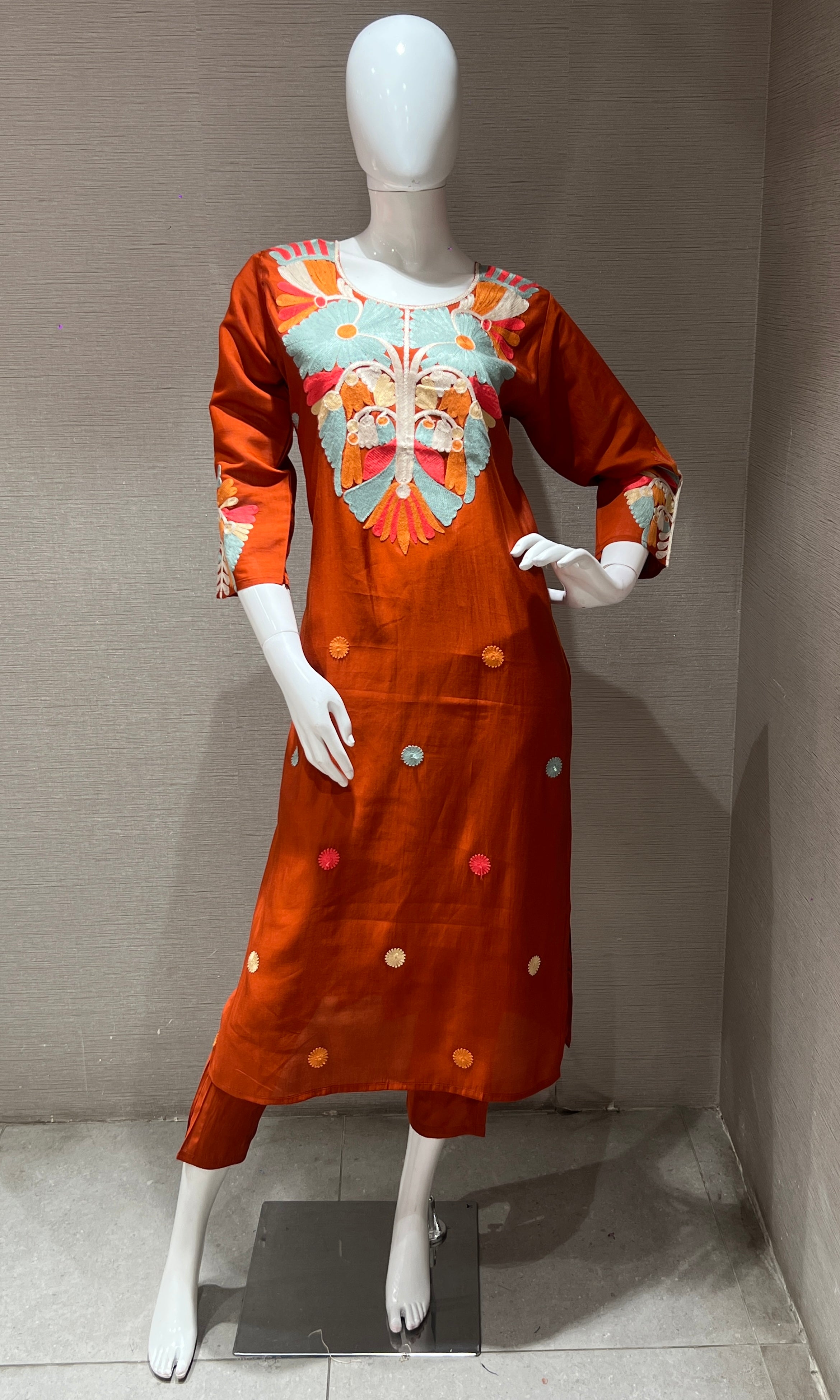 Rust orange embroidered kurta set