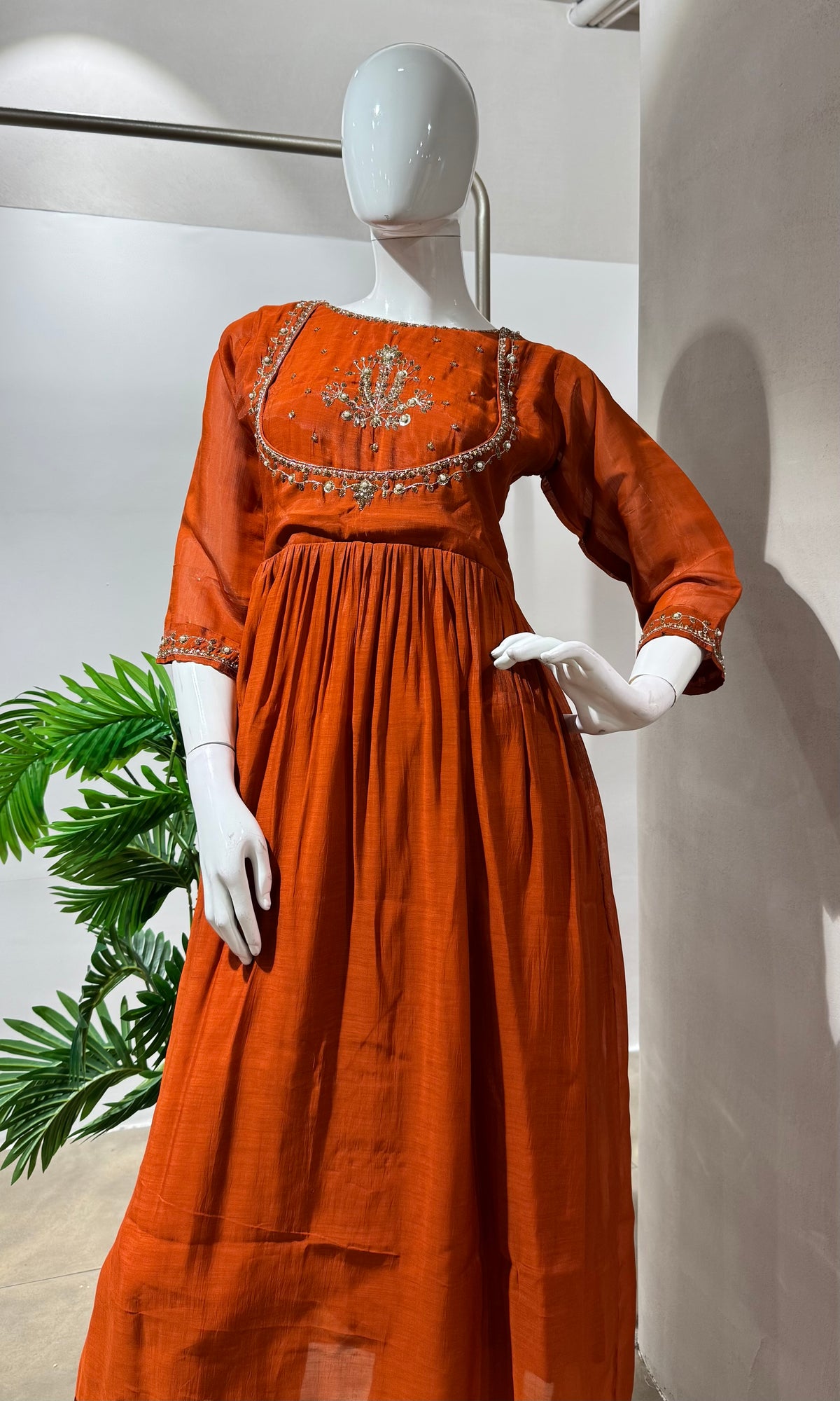 RUST EMBROIDERY MUL CHANDERI KURTA SET
