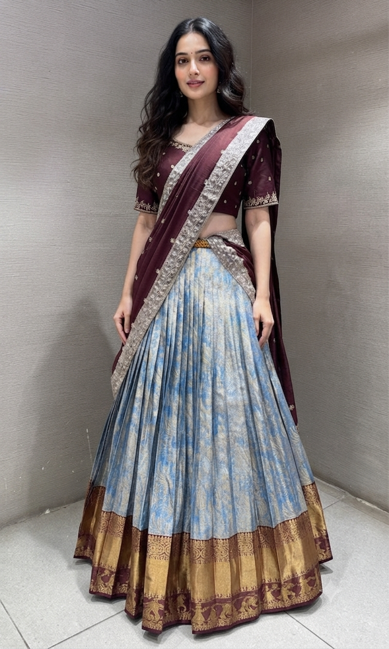 BLUE BANARASI PATTU LEHENGA WITH EMBROIDERED BLOUSE