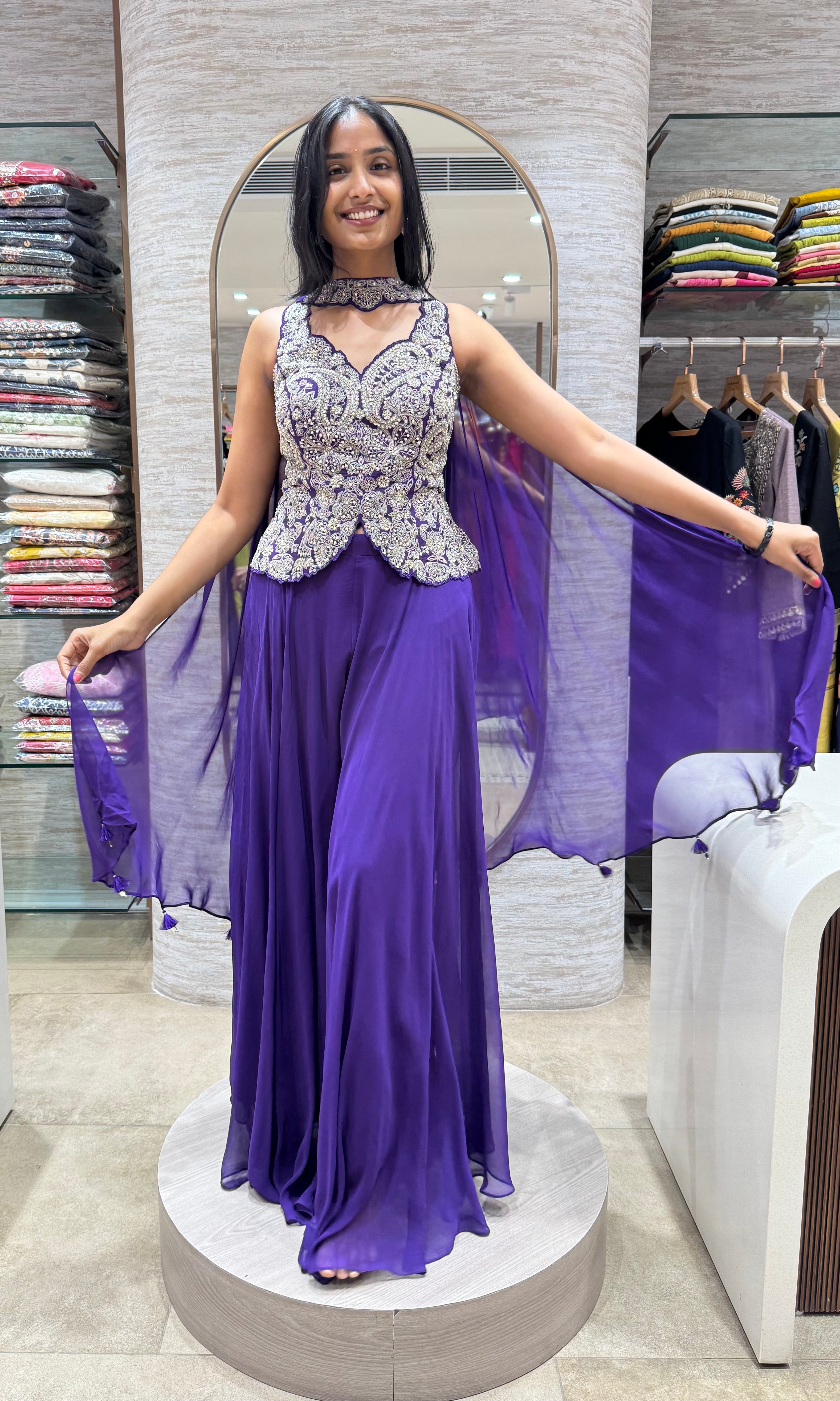 PURPLE EMBROIDERED PEPLUM PALAZZO