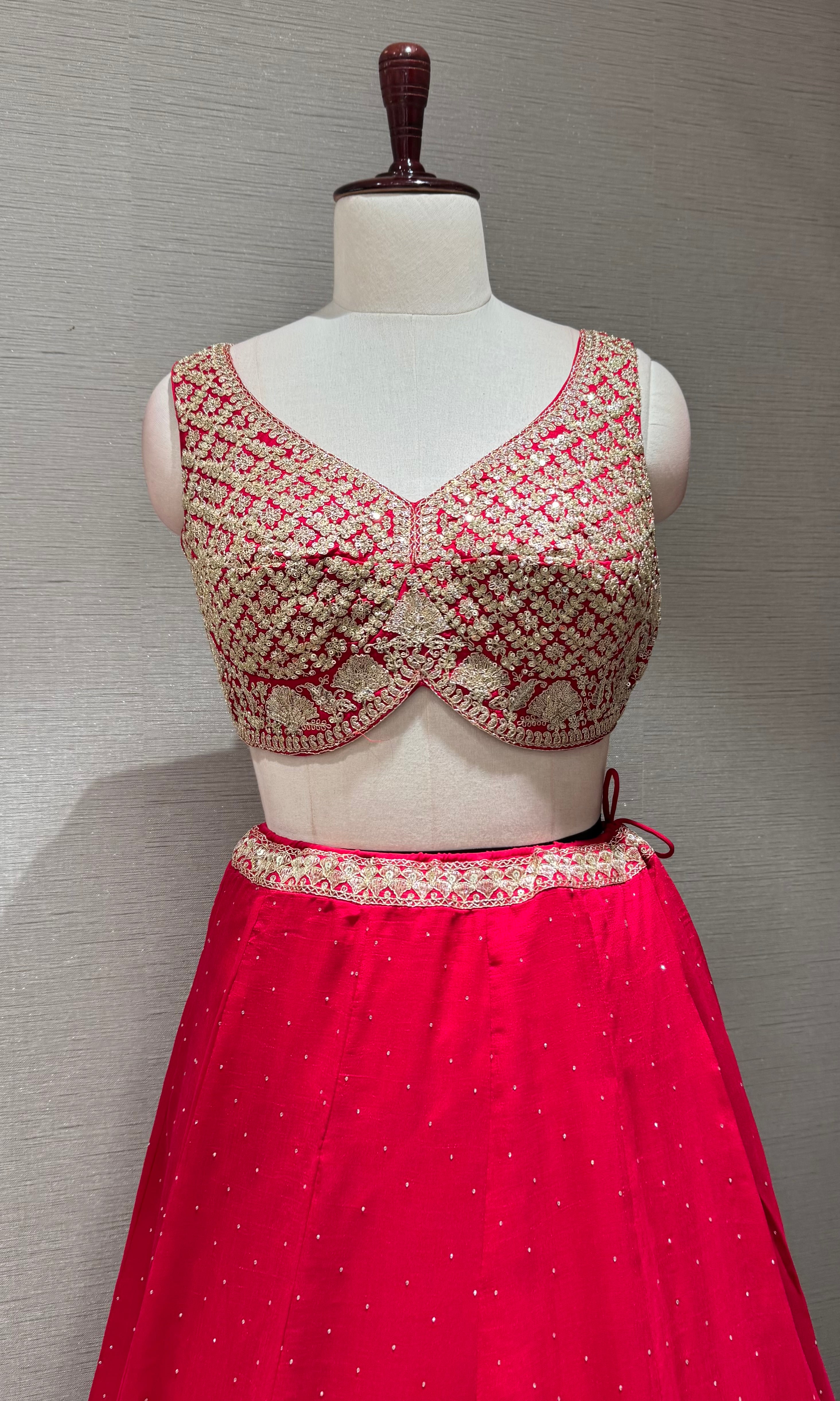 Bright Rani Lehenga Choli with Gold Embroidery