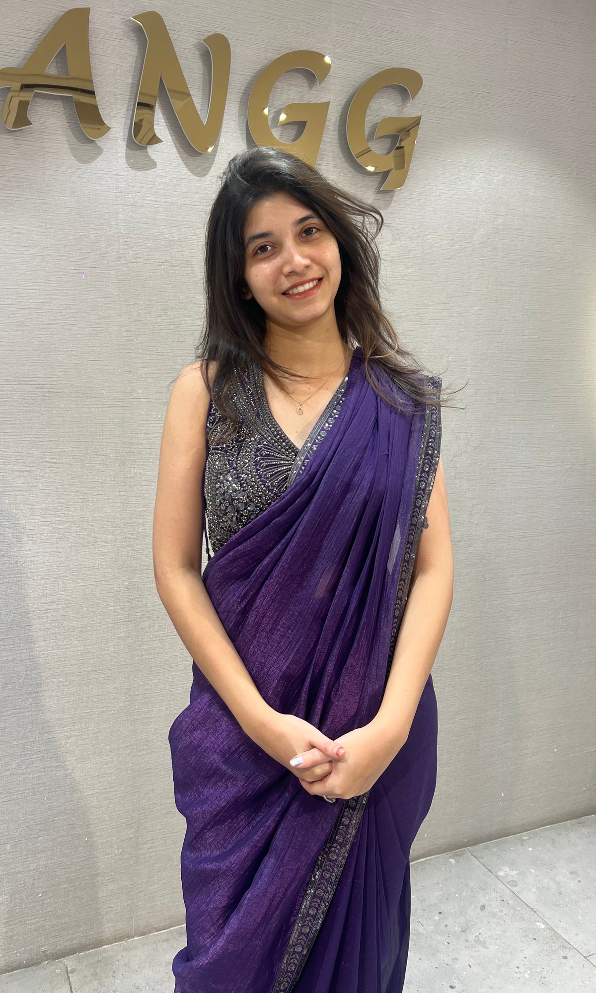 Deep Purple Embroidered Georgette Drape Saree
