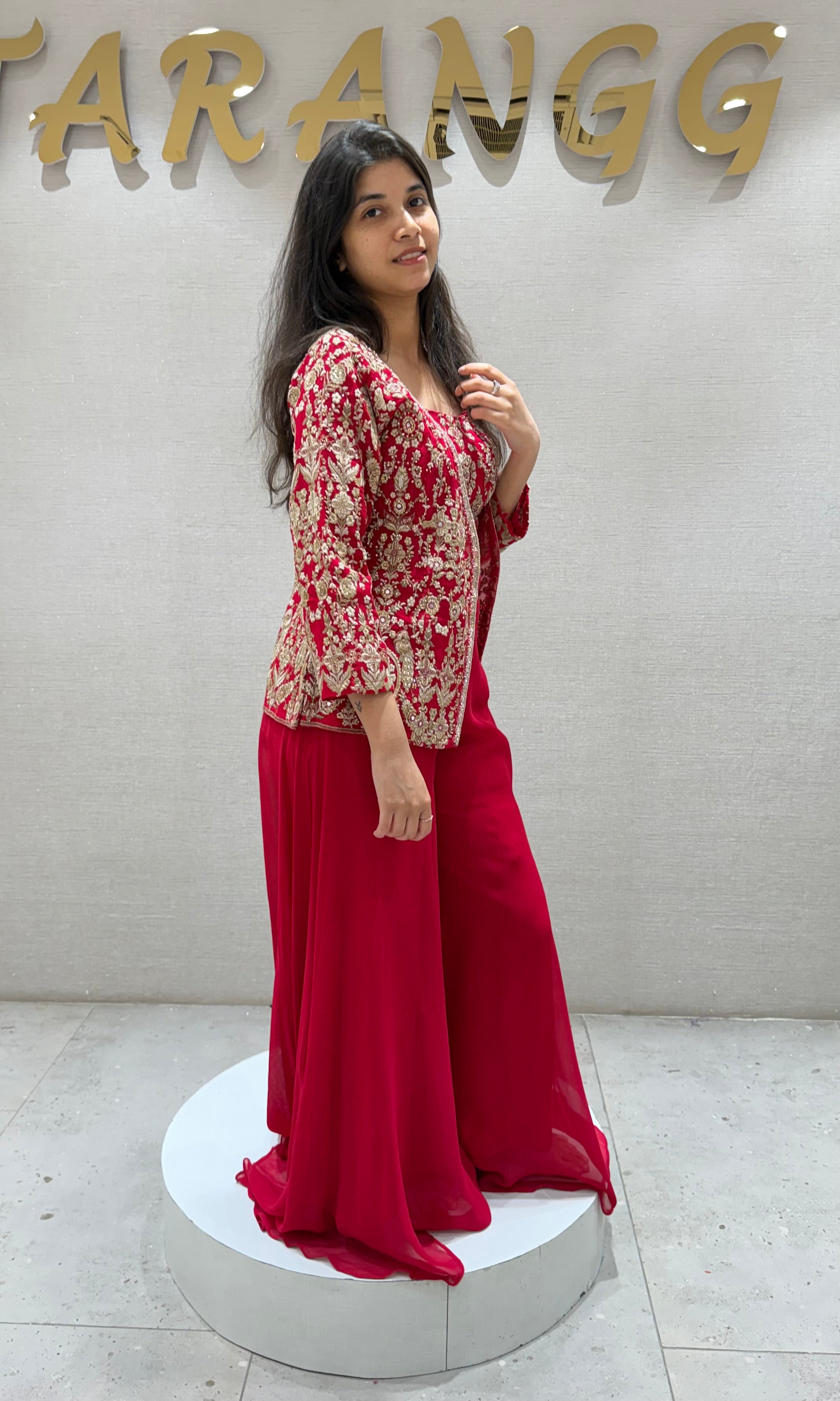 Red EMBROIDERED PALAZZO SET WITH JACKET
