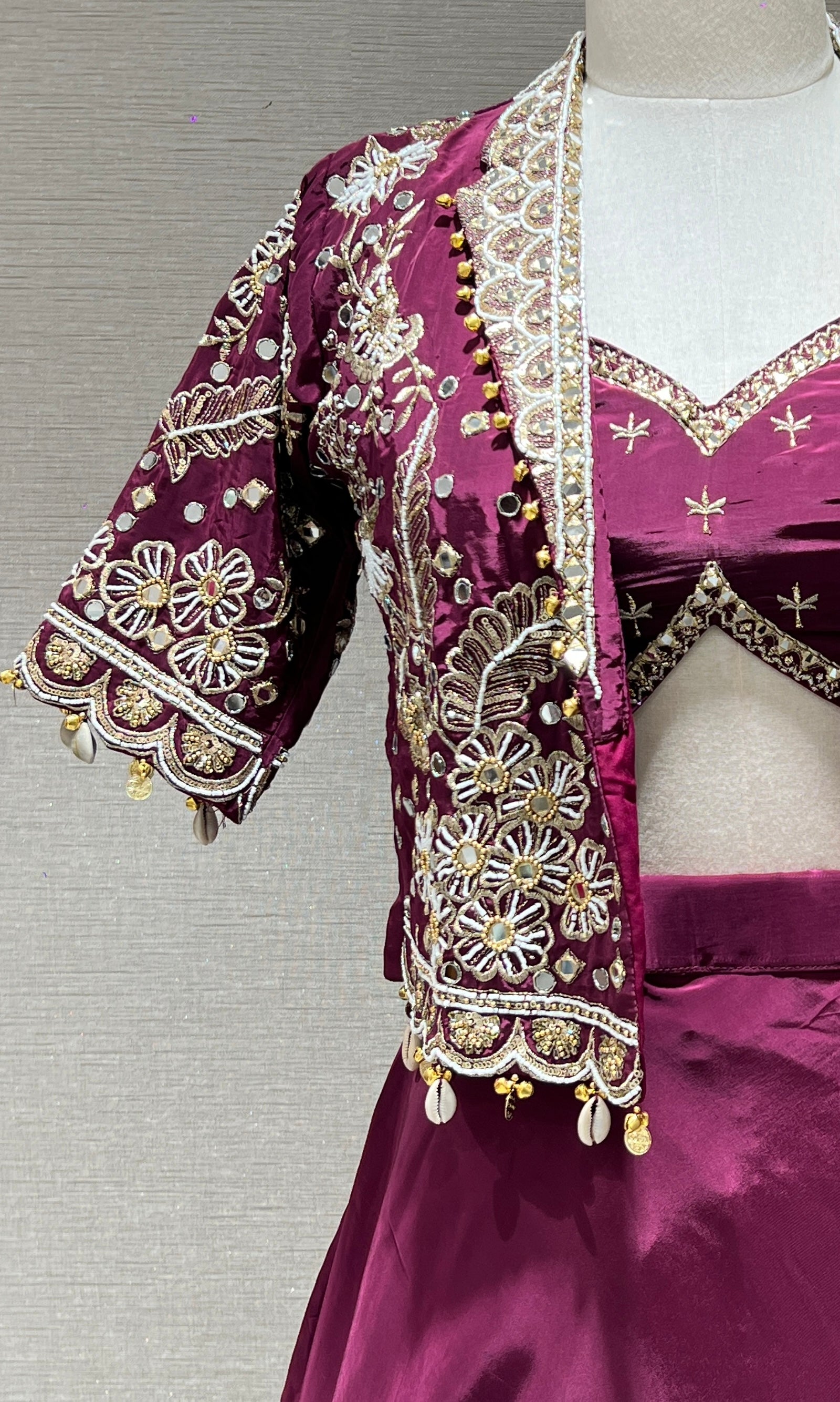 Wine Lehenga with Embellished Crop Jacket