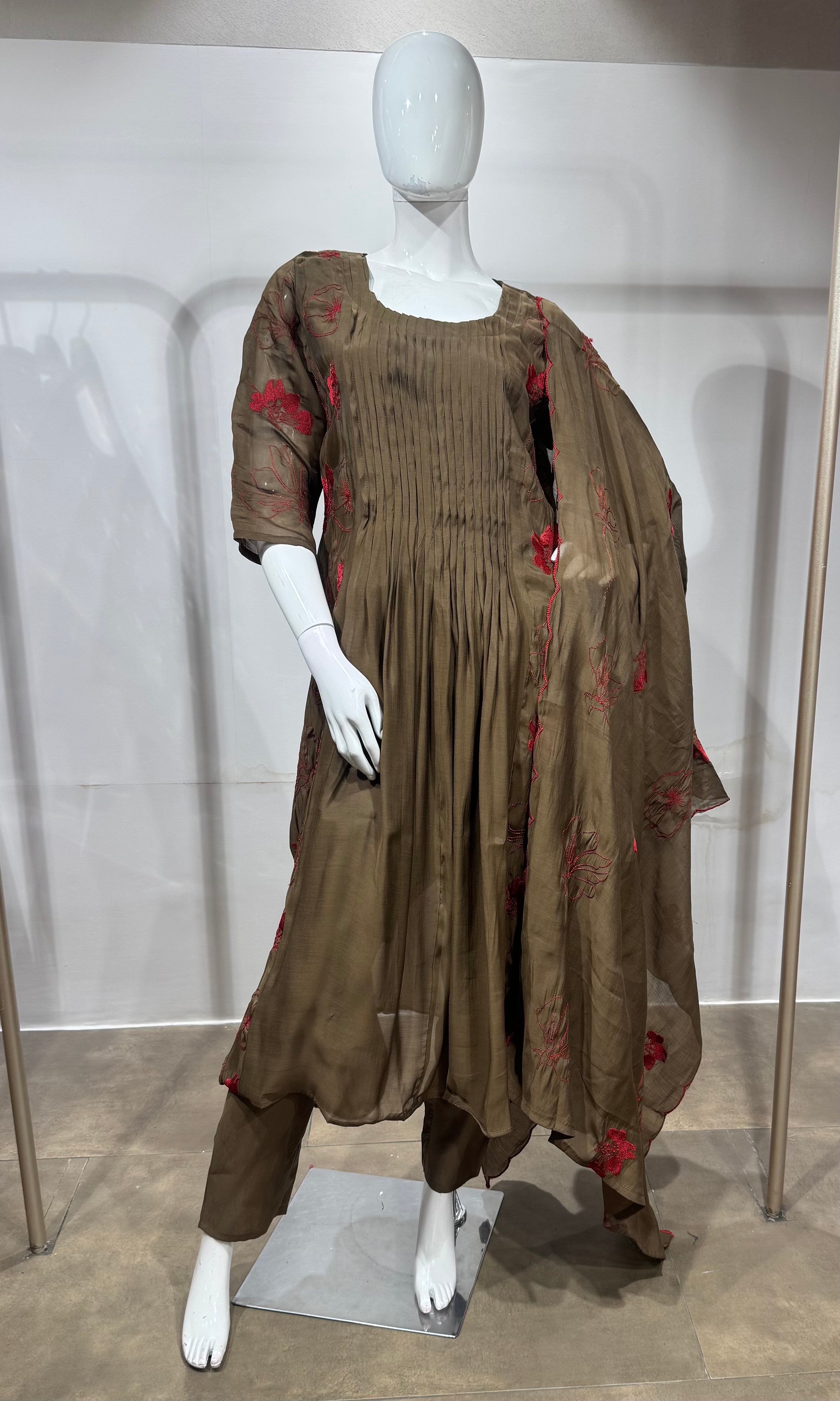 Brown Embroidered Mul Cotton Kurta Set