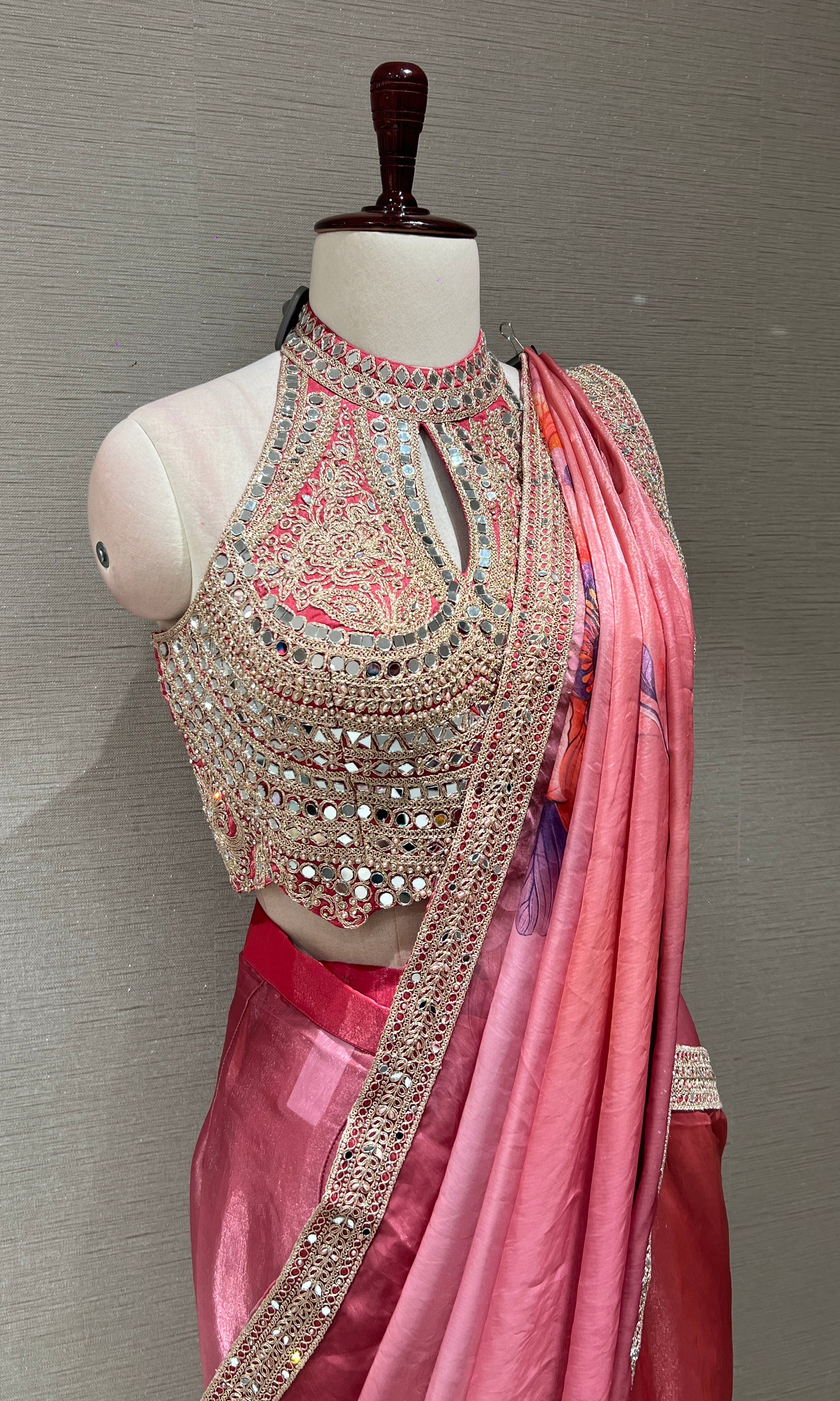 blush pink saree with Embellished halter neck blouse