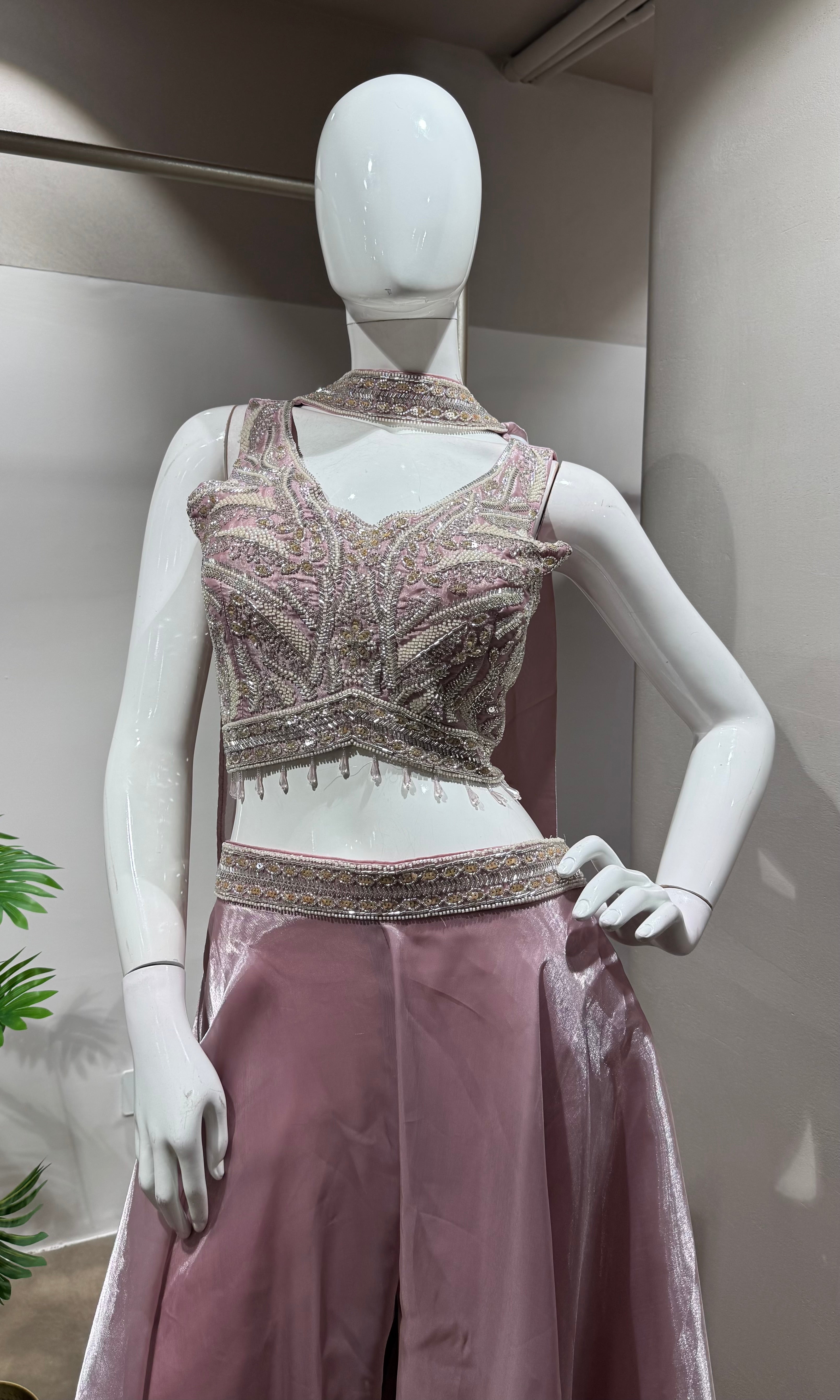 PINK Embellished Crop Top and Flared Palazzo Set