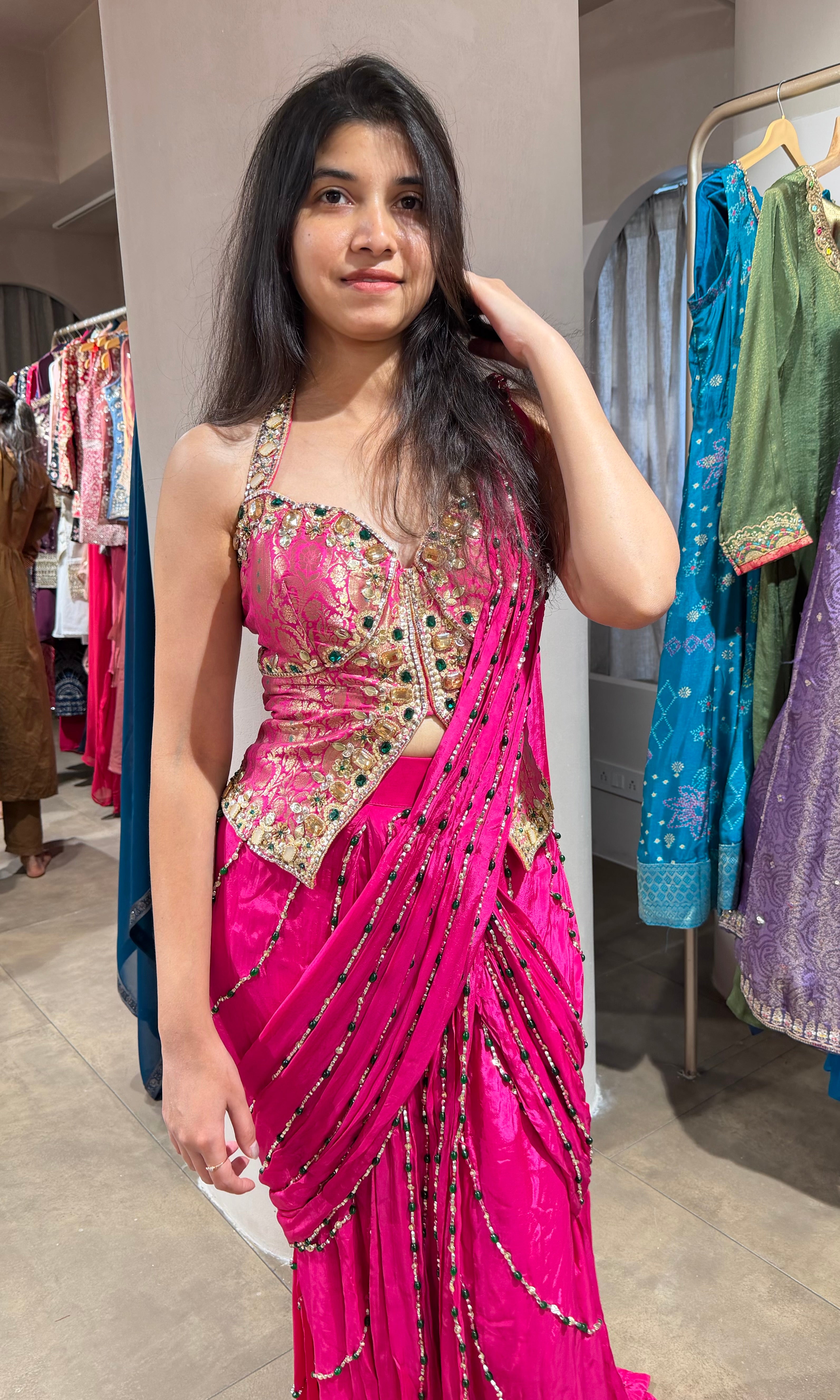 Pink DRAPE SAREE WITH ELEGANT CORSET BLOUSE