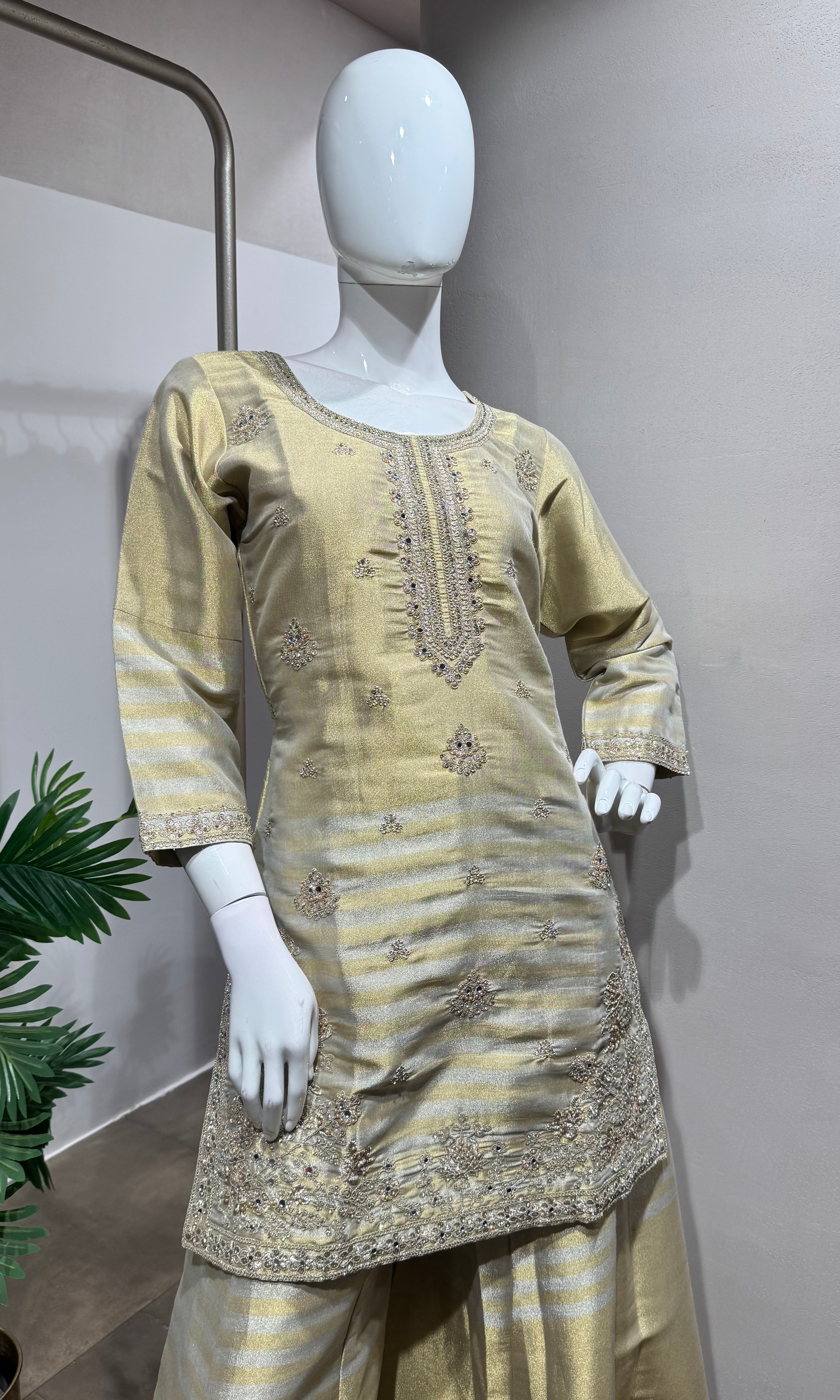 BOTTLE GREEN golden shimmer tissue sharara set