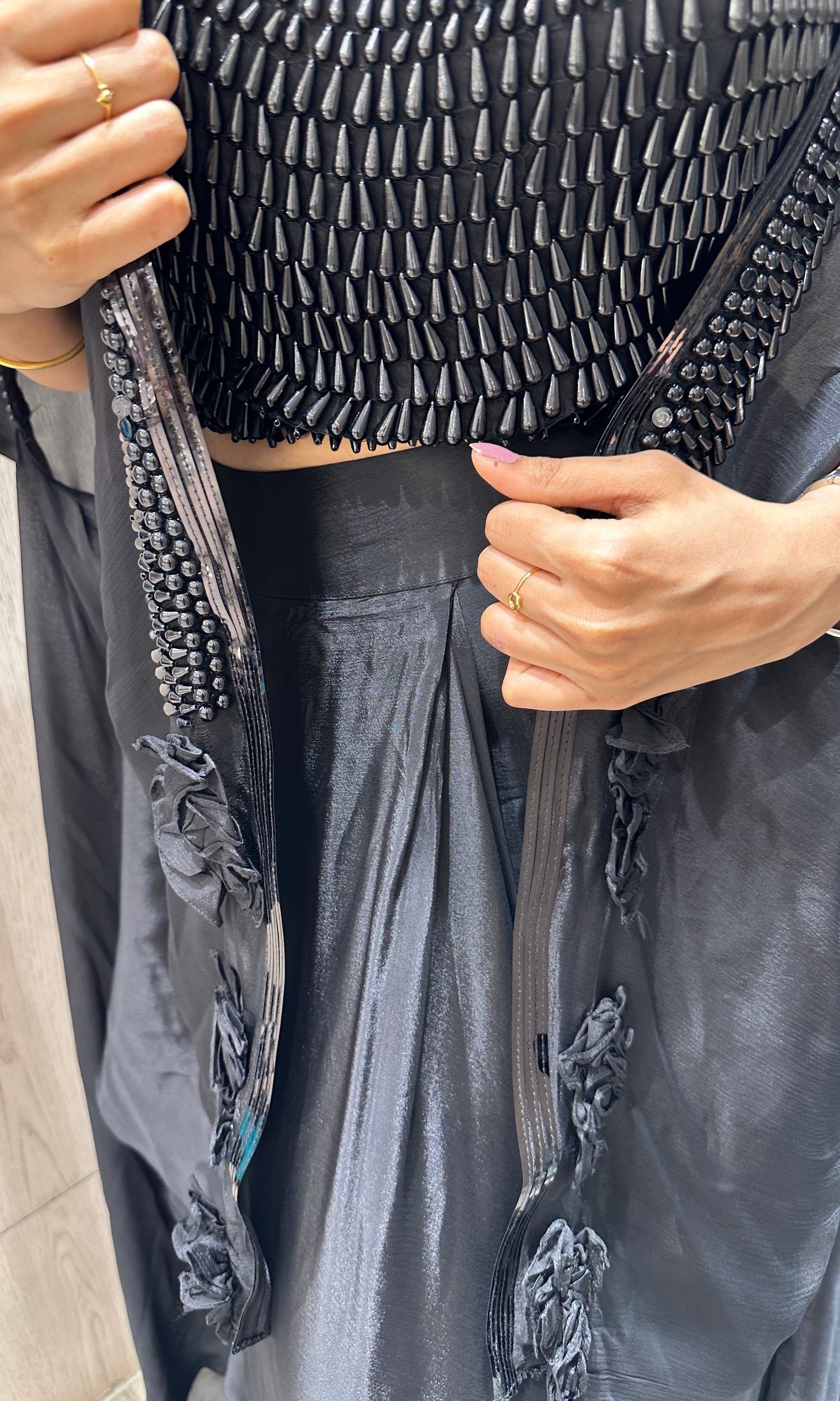 Black 3 piece Indo western long dress, coat crop top skirt