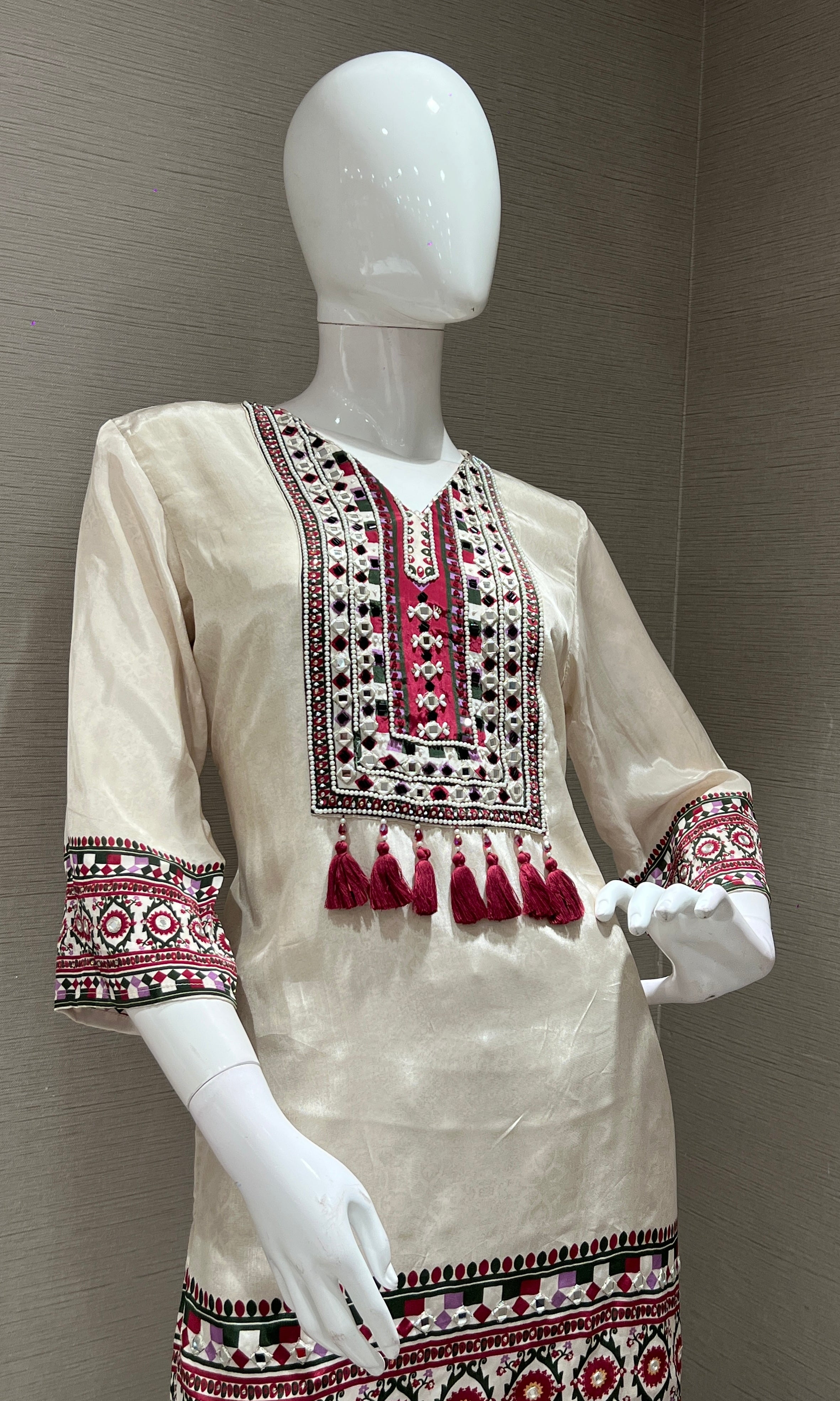 white and maroon printed kurta set with palazzo pants