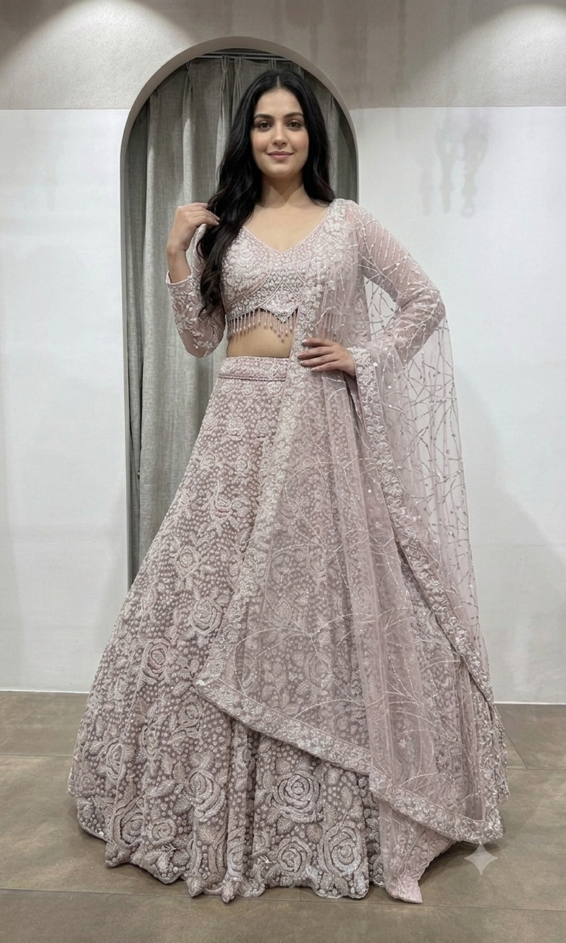ROSE PINK Crystal Cascade Pastel Lehenga