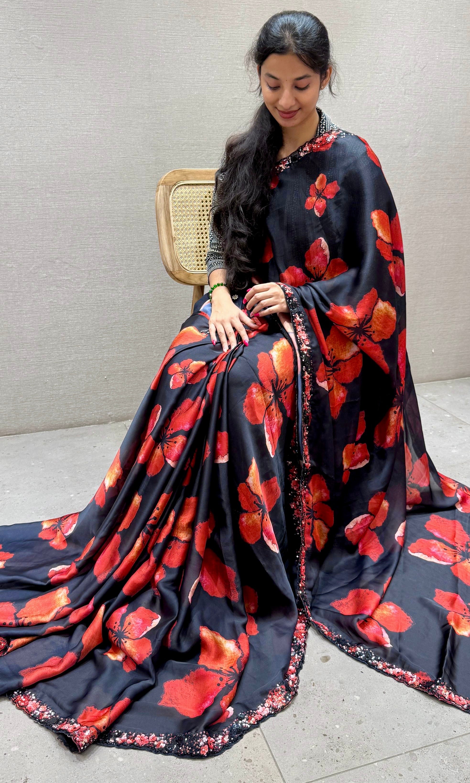 Black Floral Saree with ready blouse
