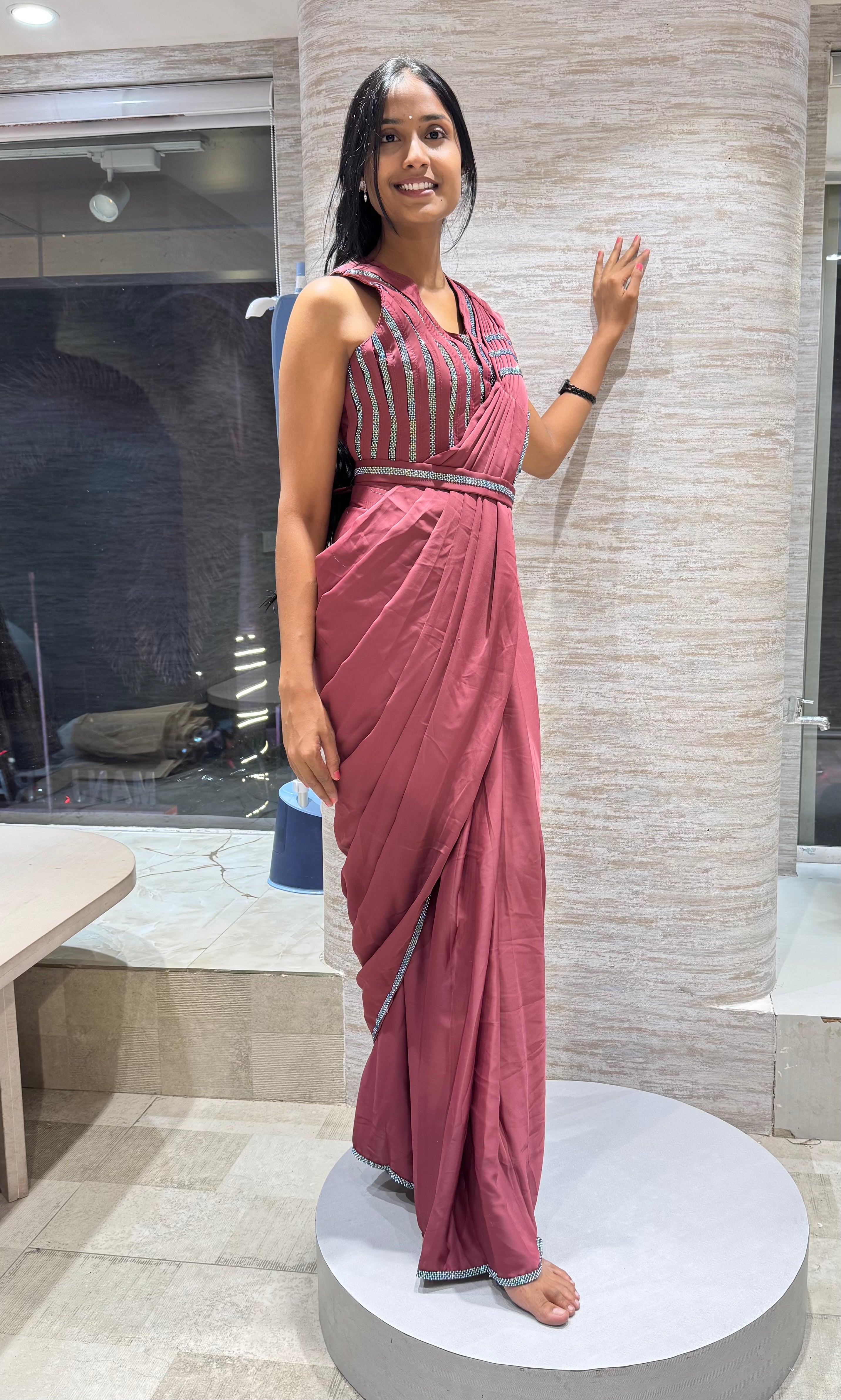 MAROON DRAPE SAREE WITH CORSET BLOUSE