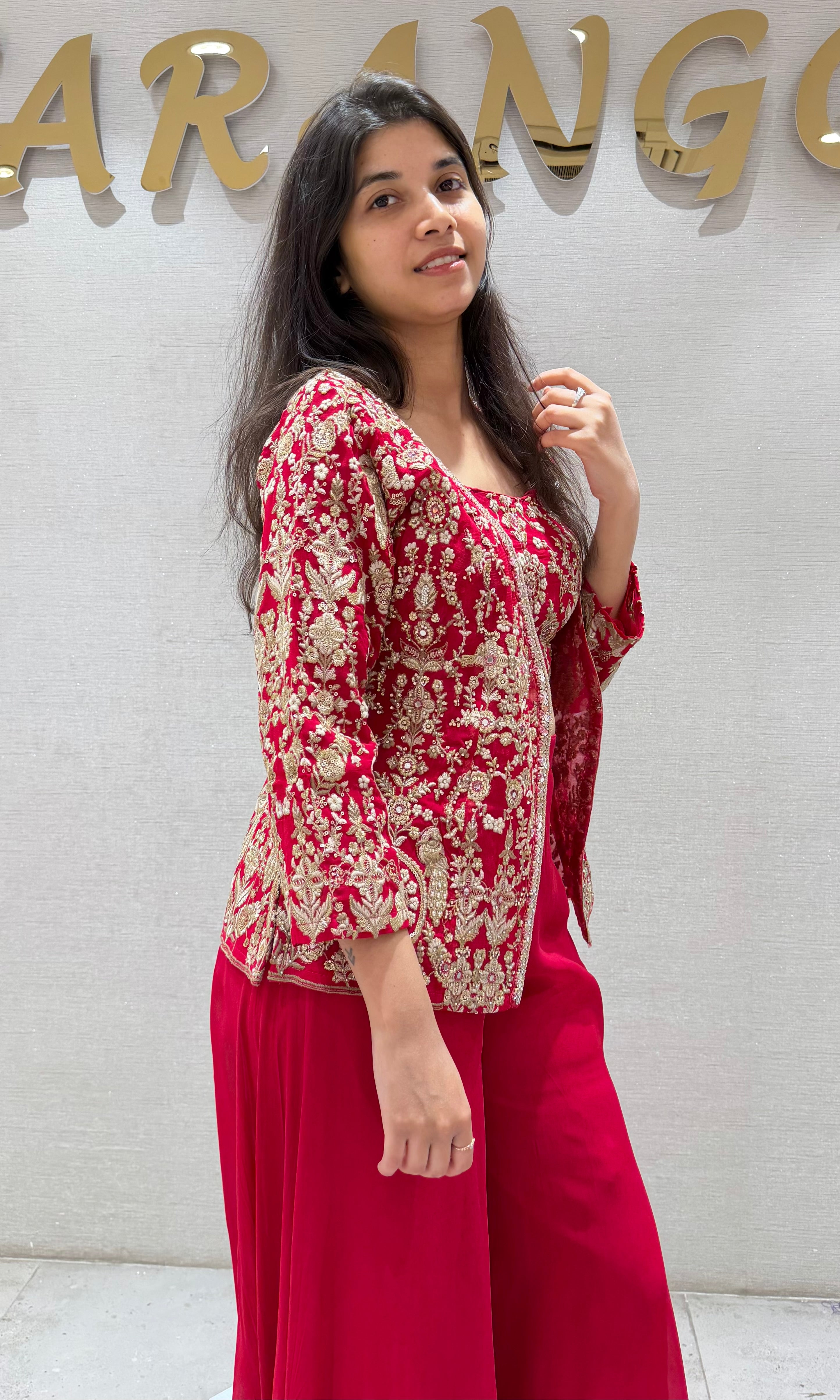 Red EMBROIDERED PALAZZO SET WITH JACKET