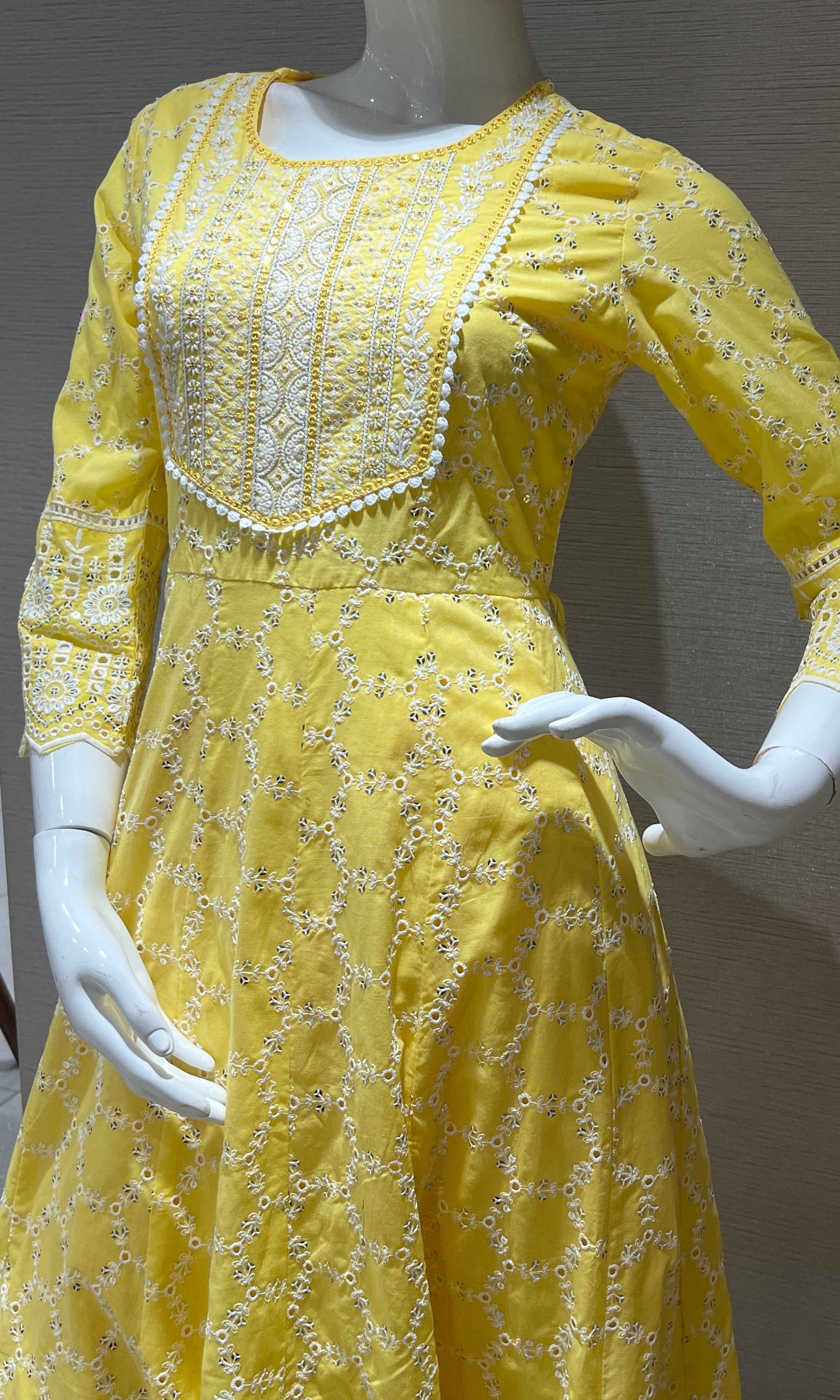Yellow Anarkali kurta set with all over embroidery