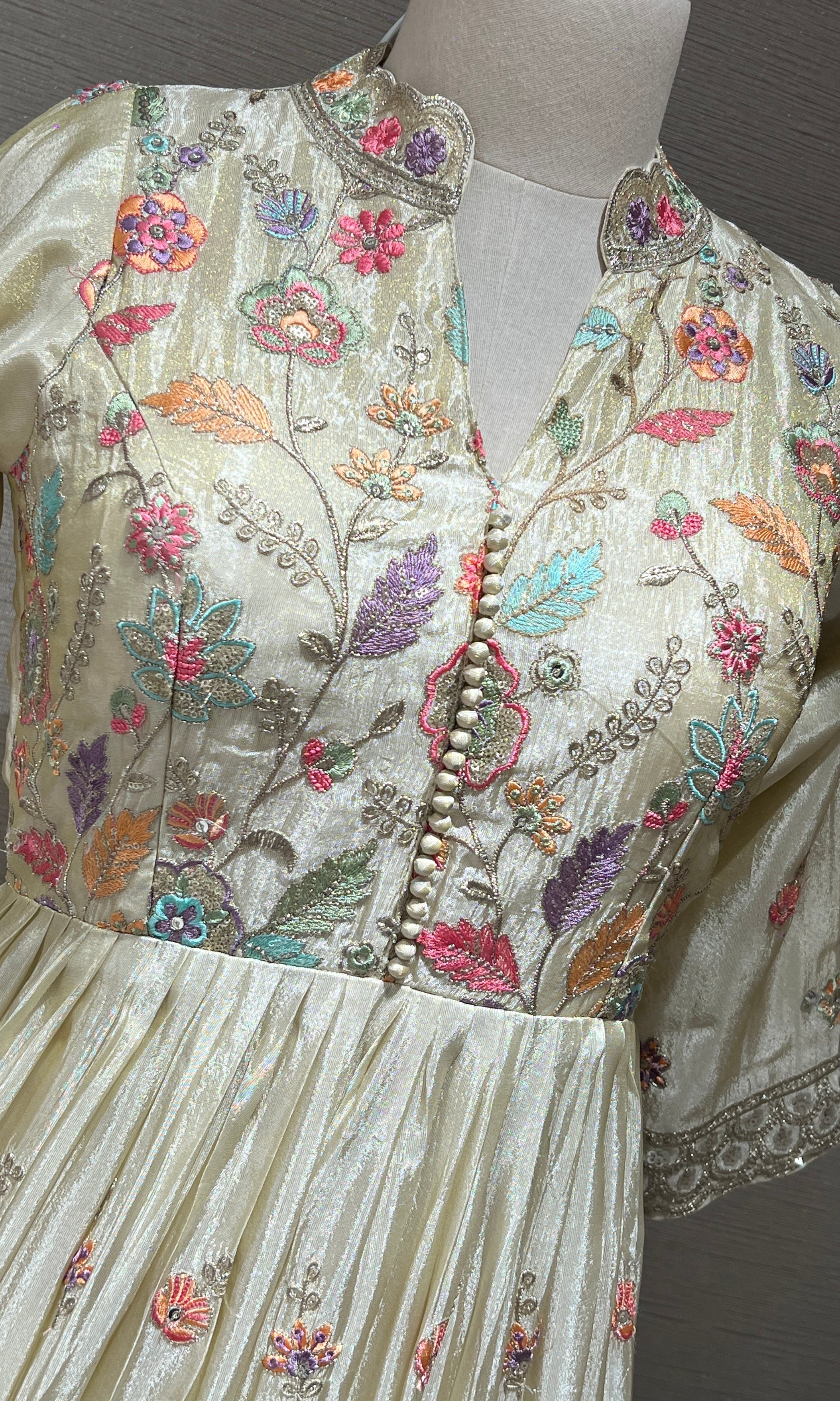 Pearl Glow Cream Anarkali Long Gown with Floral Detailing