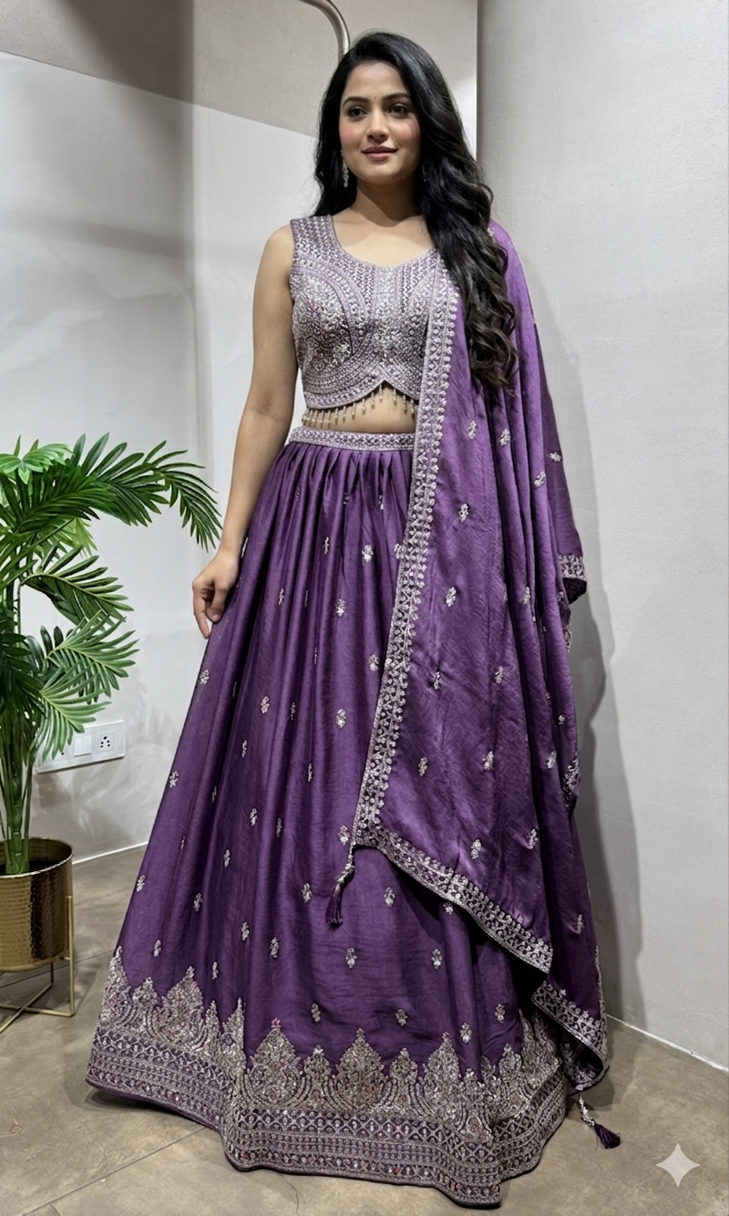 Light Purple Silk Silver Embroidered Lehenga