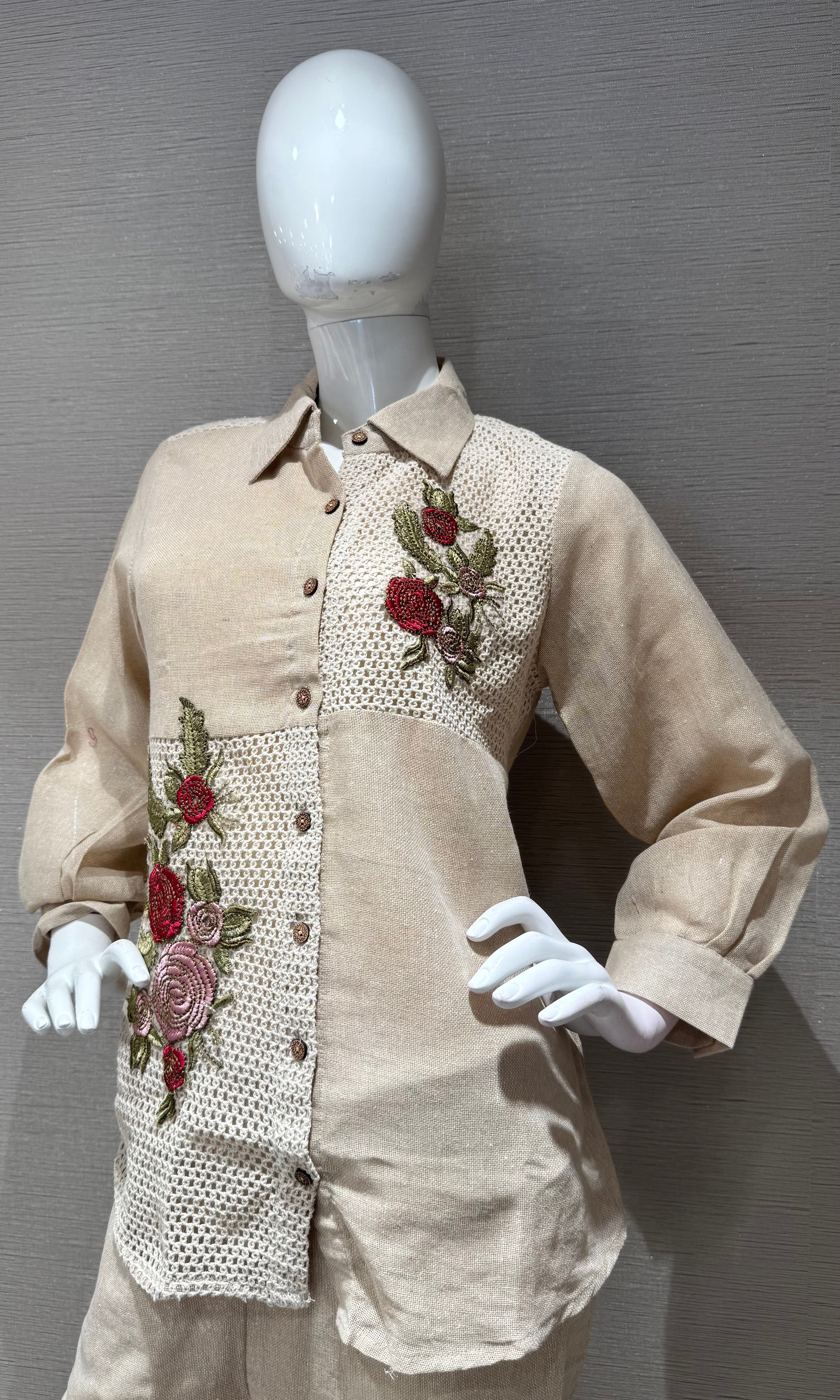Beige Linen Embroidered Cord Set
