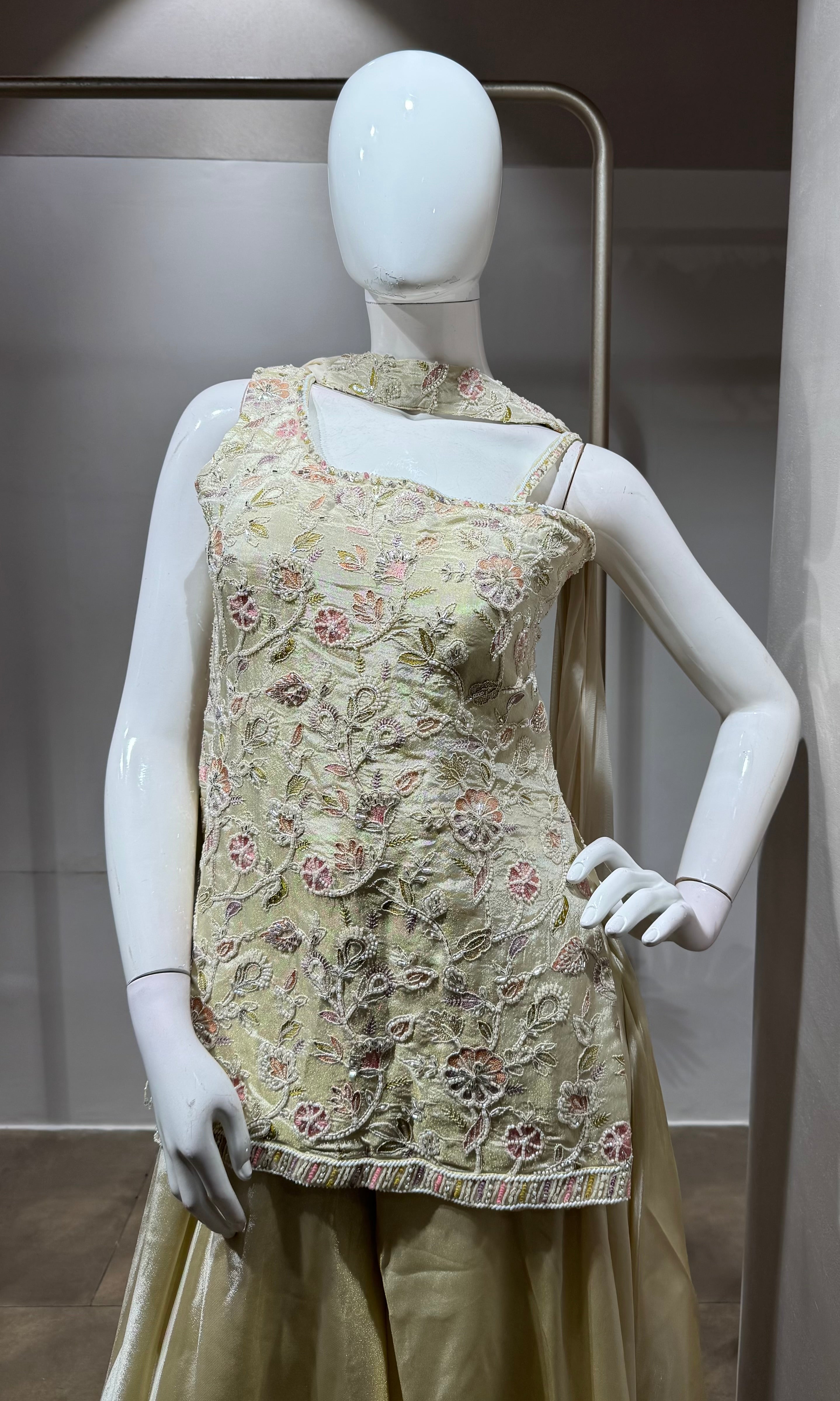 HALF WHITE Floral Embroidered Sharara Set