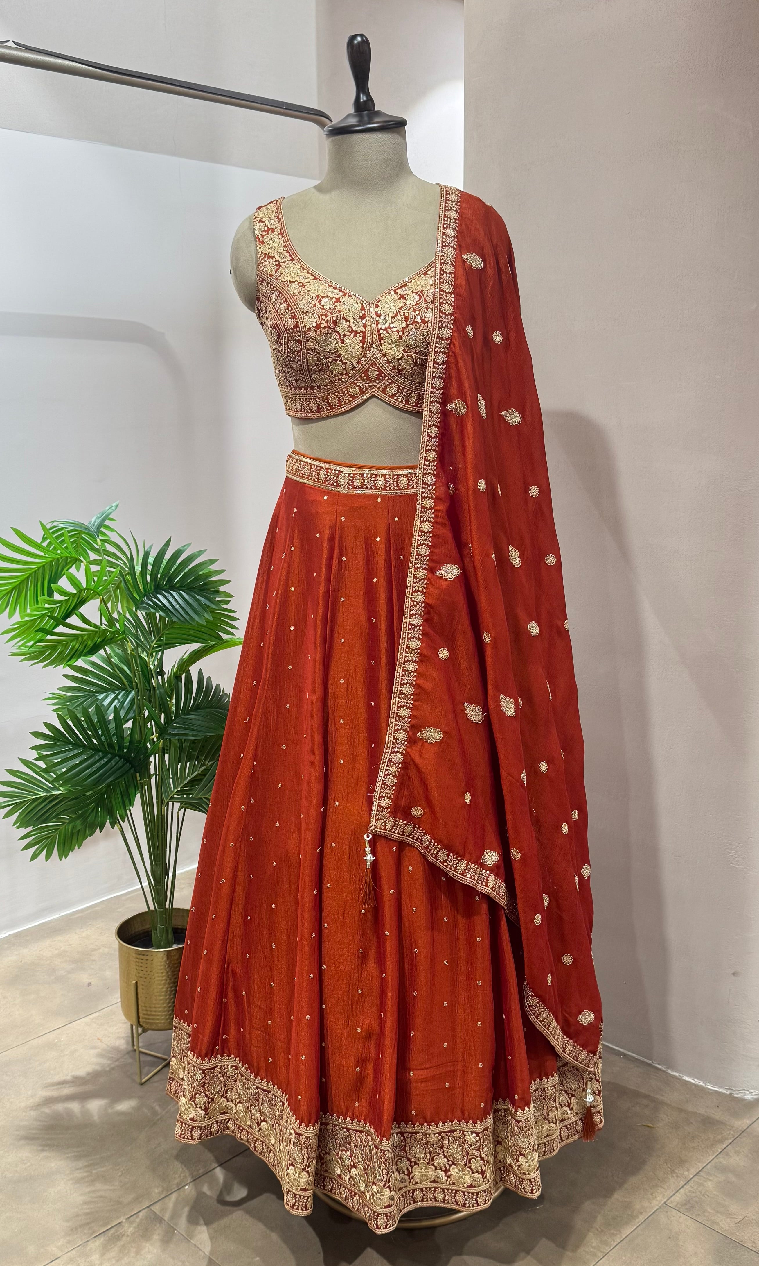 Rust EMBROIDERED Lehenga WITH FLORAL MOTIF DUPATTA