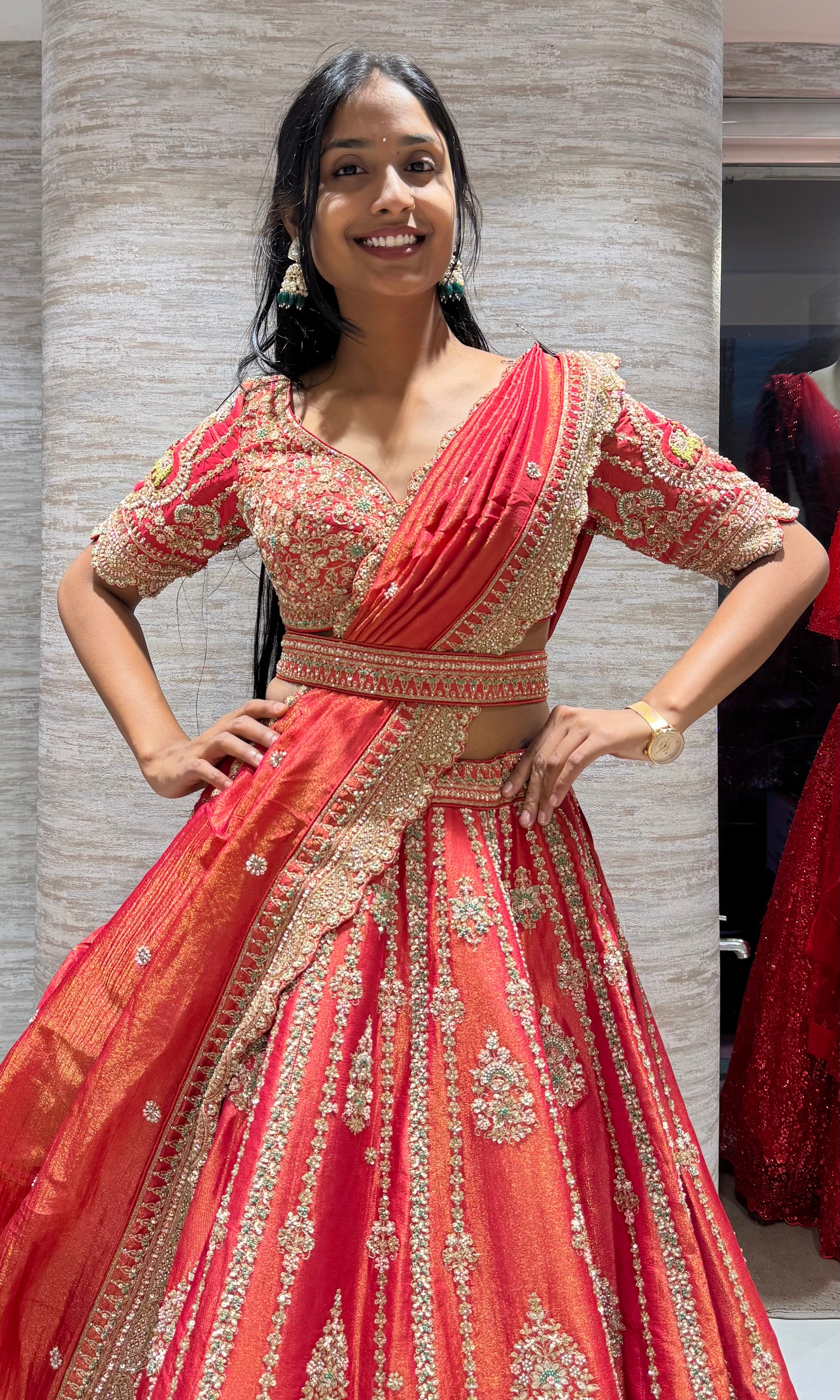 Red Embellished Bridal Lehenga with Belt