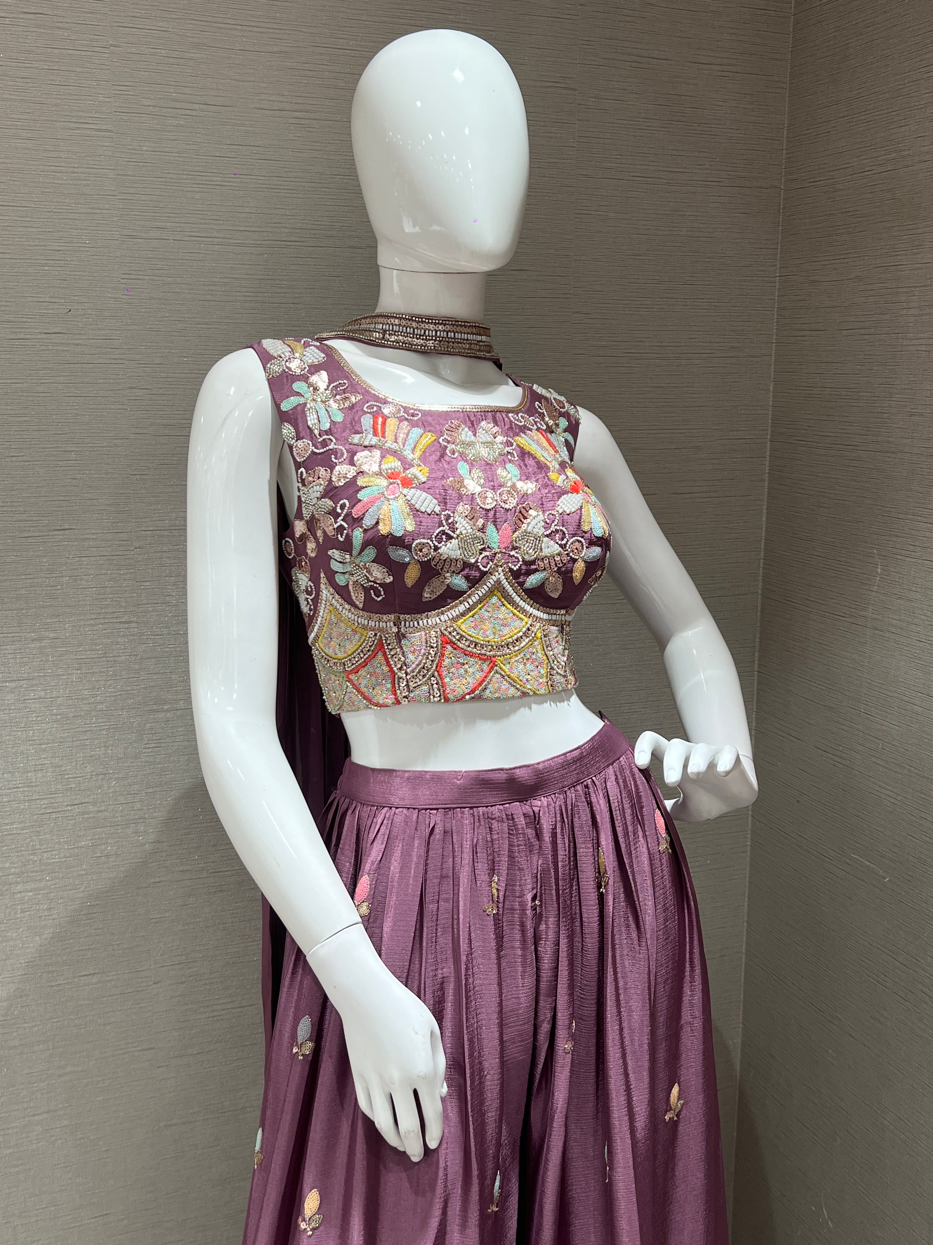 Lilac Embroidered Crop Top and Palazzo Set