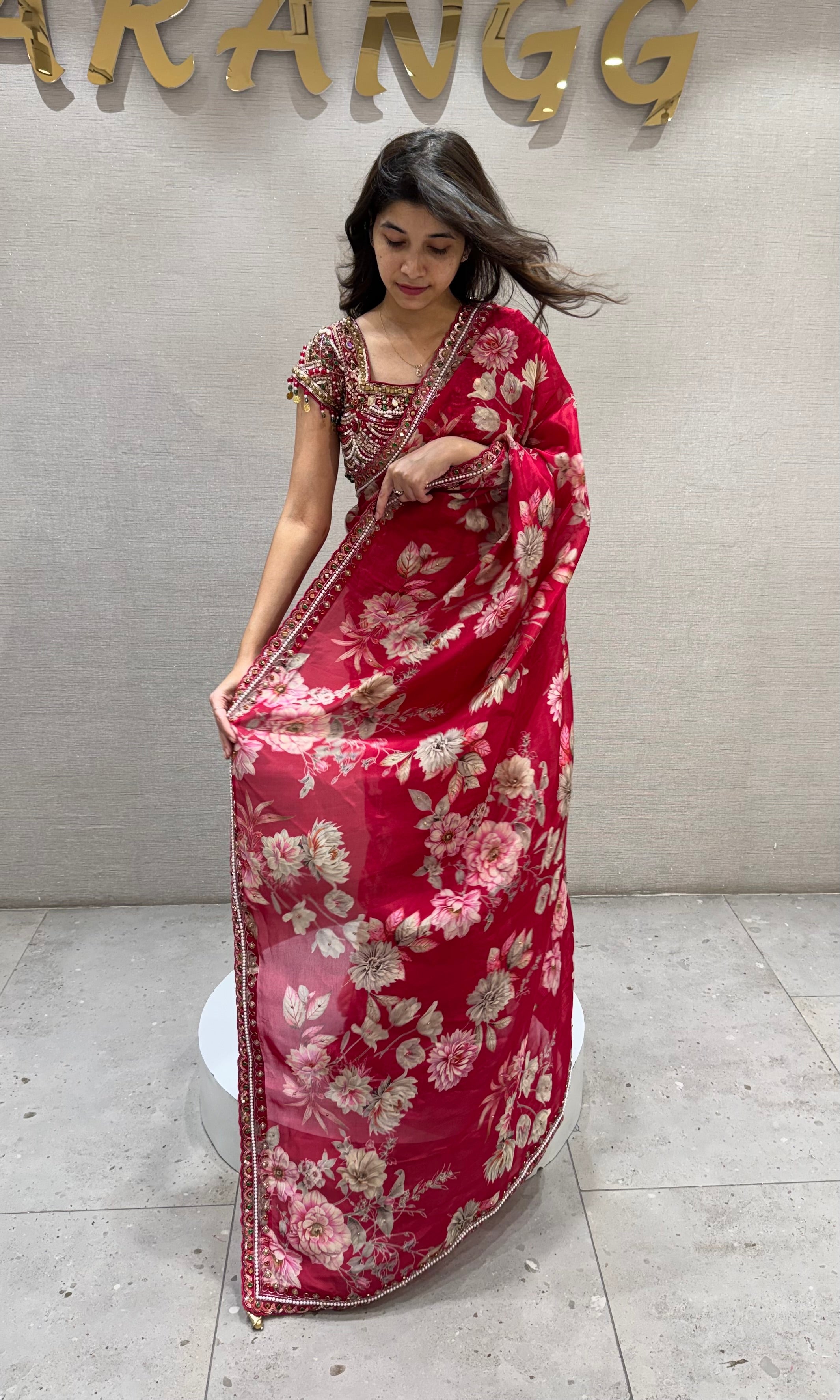 Rani Pink Crimson Bloom Georgette Saree