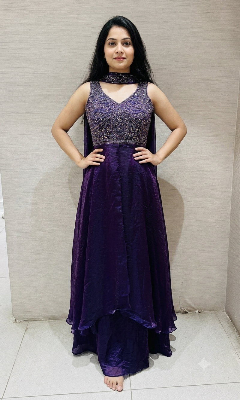 Purple embroidered front slit anarkali with palazzo Pants