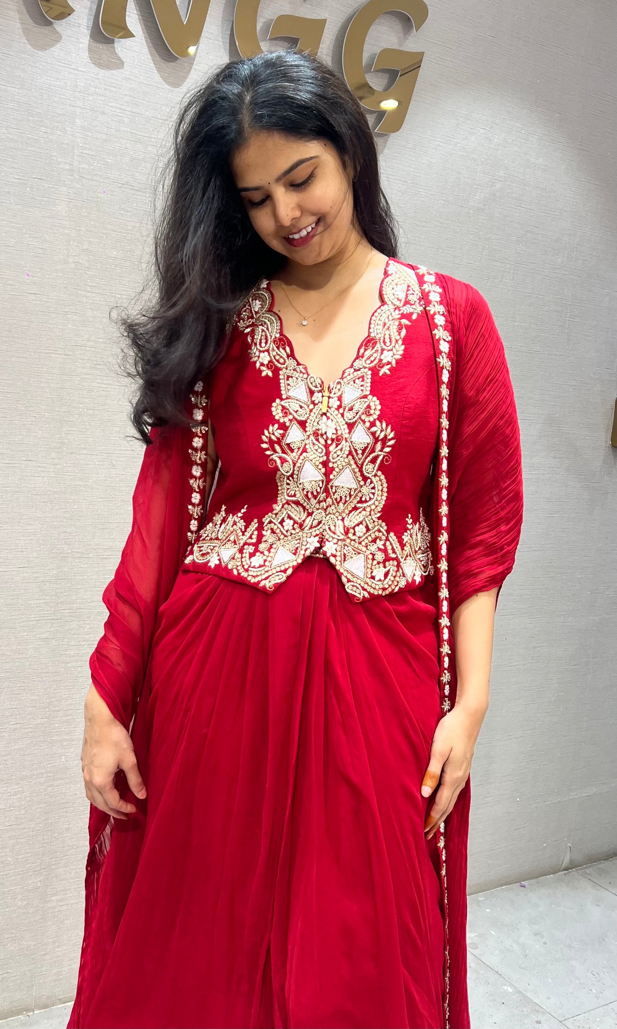 Red Embroidered Georgette skirt with Jacket & Shrug