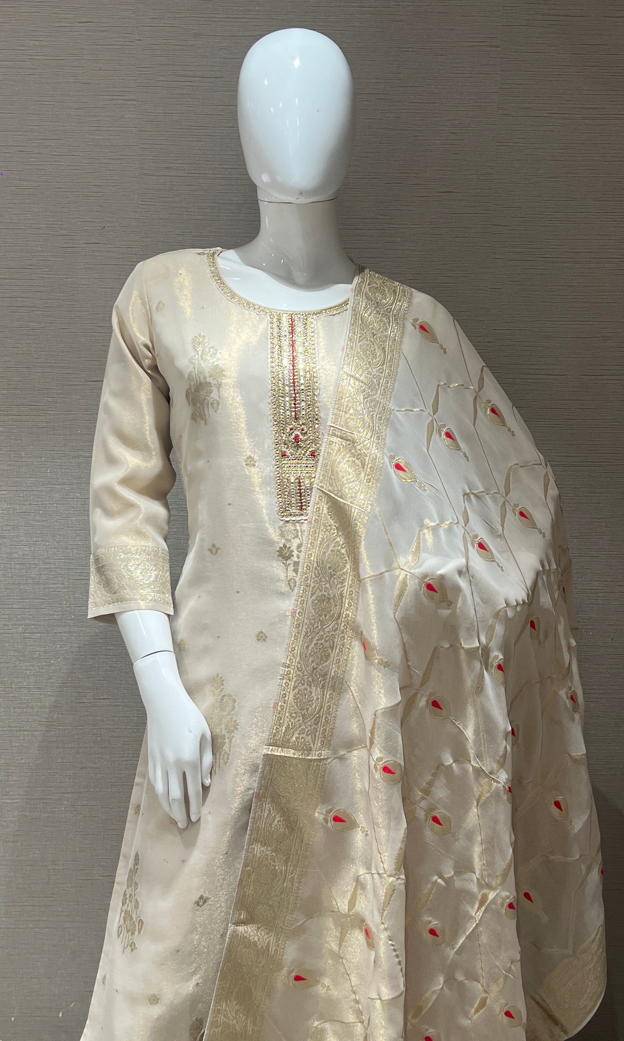 Beige Chanderi Embroidered Kurta Set