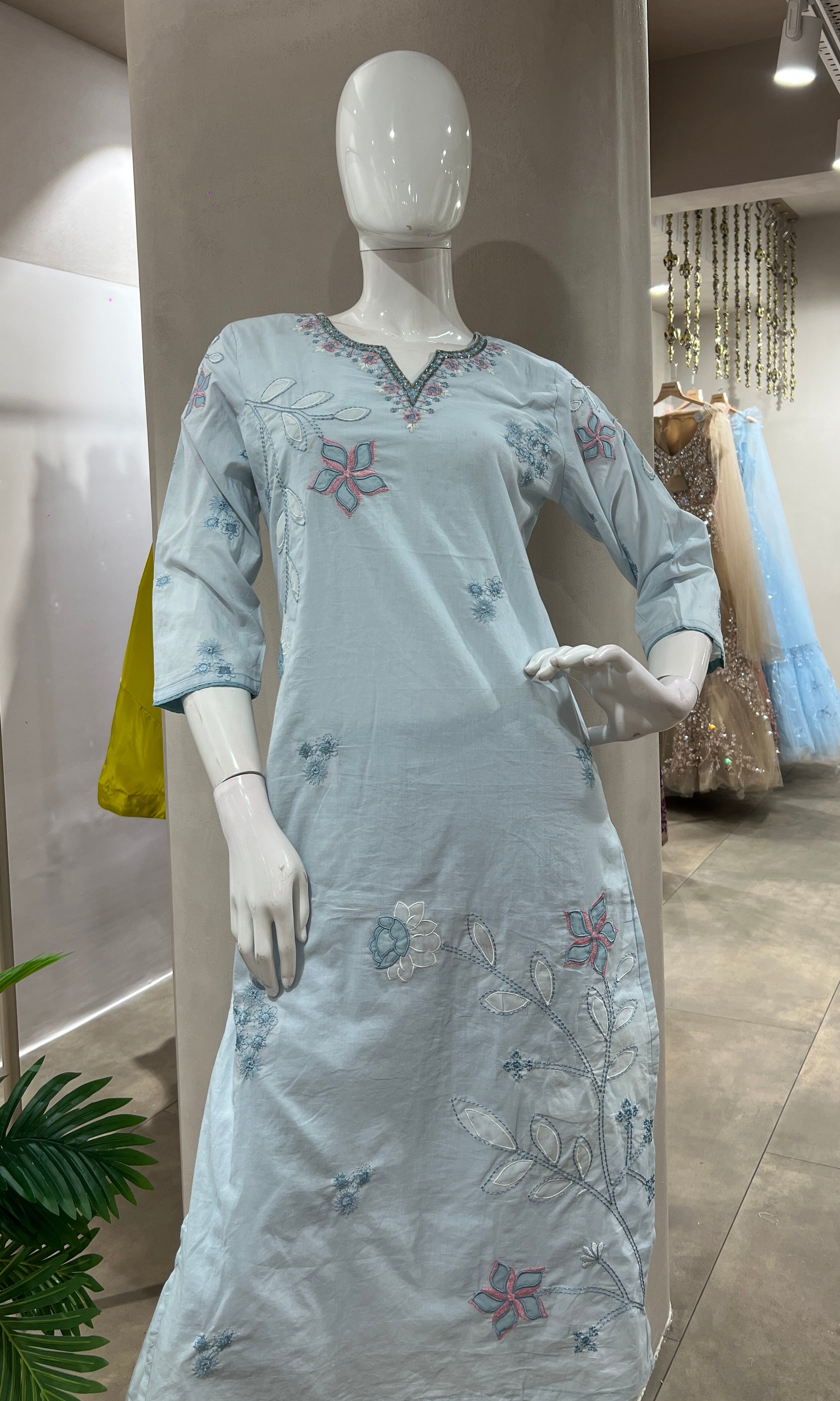 BLUE FLORAL MOTIFS COTTON KURTA SET