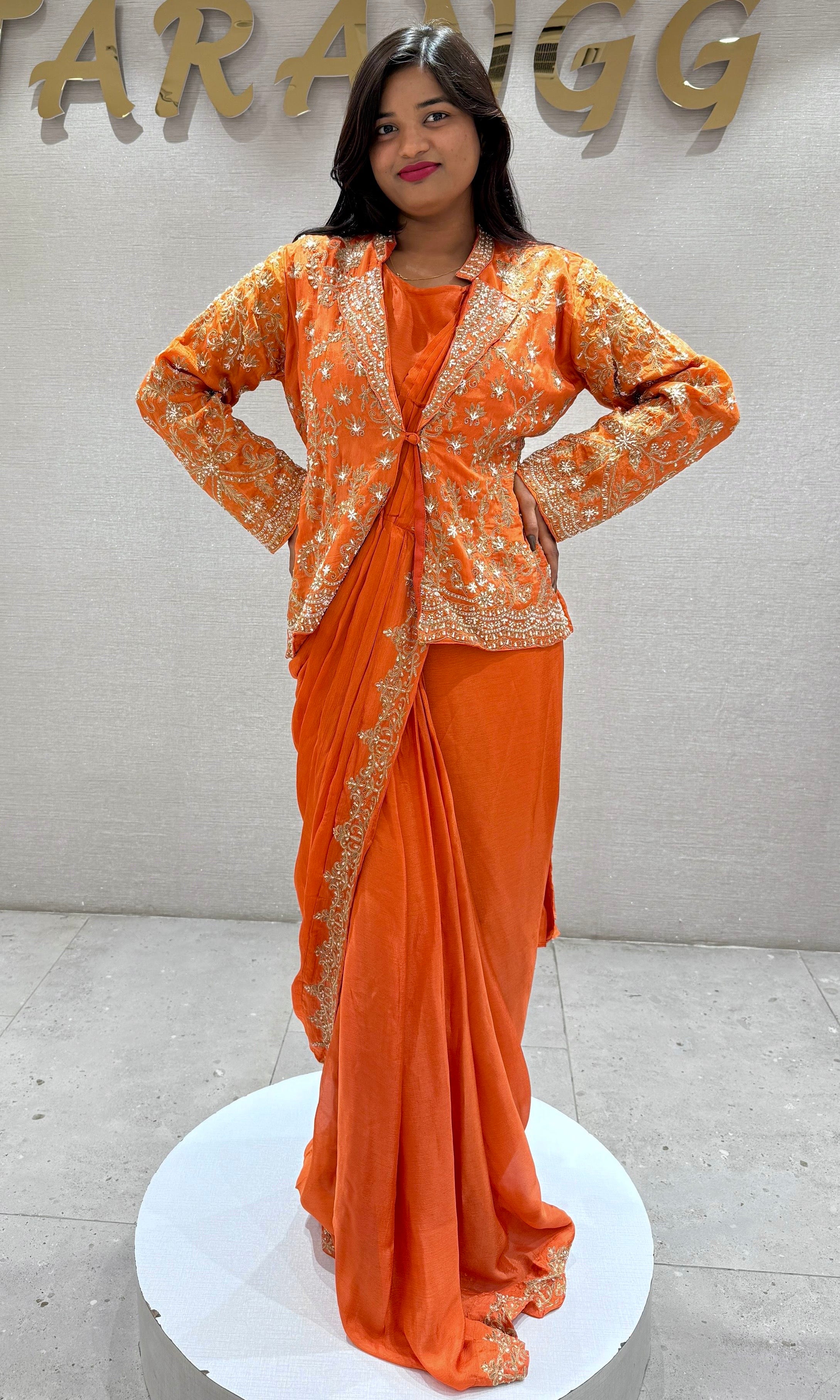 Orange Drape Saree With Golden Work Jacket