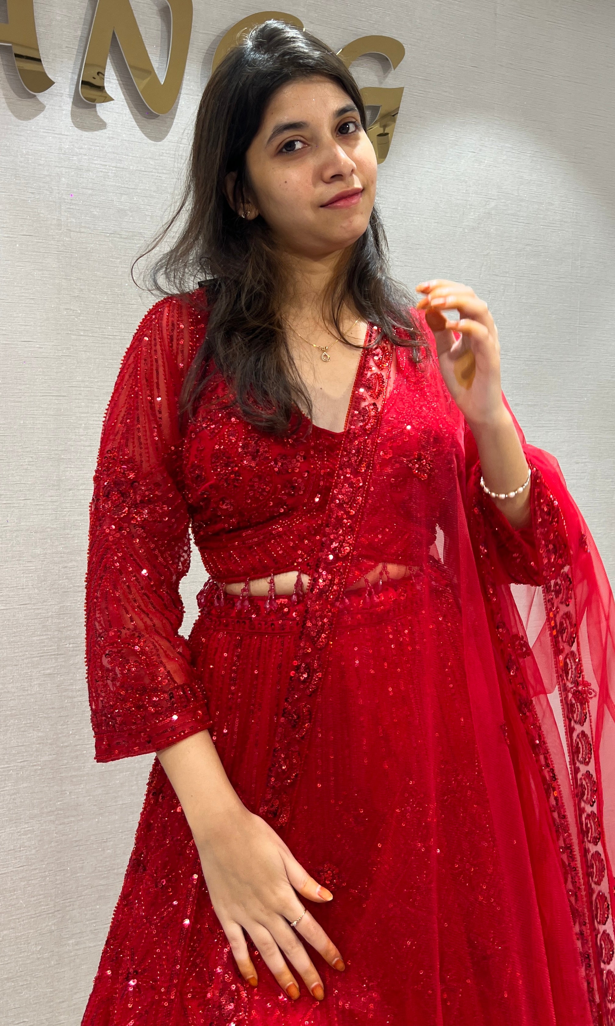 Red Embellished Lehenga set with Sheer Dupatta