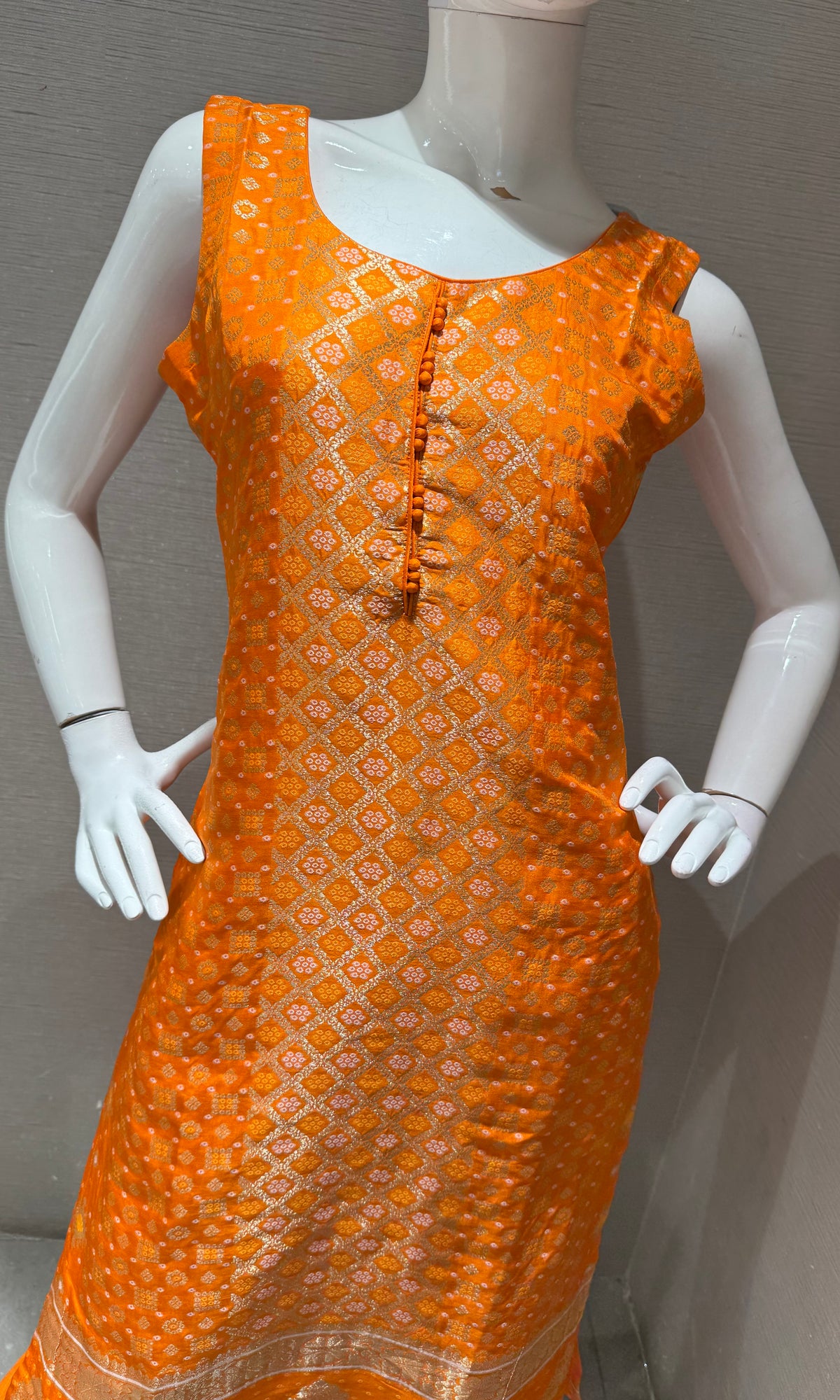 Orange Banarasi Silk Kurta Set with Gold border Dupatta