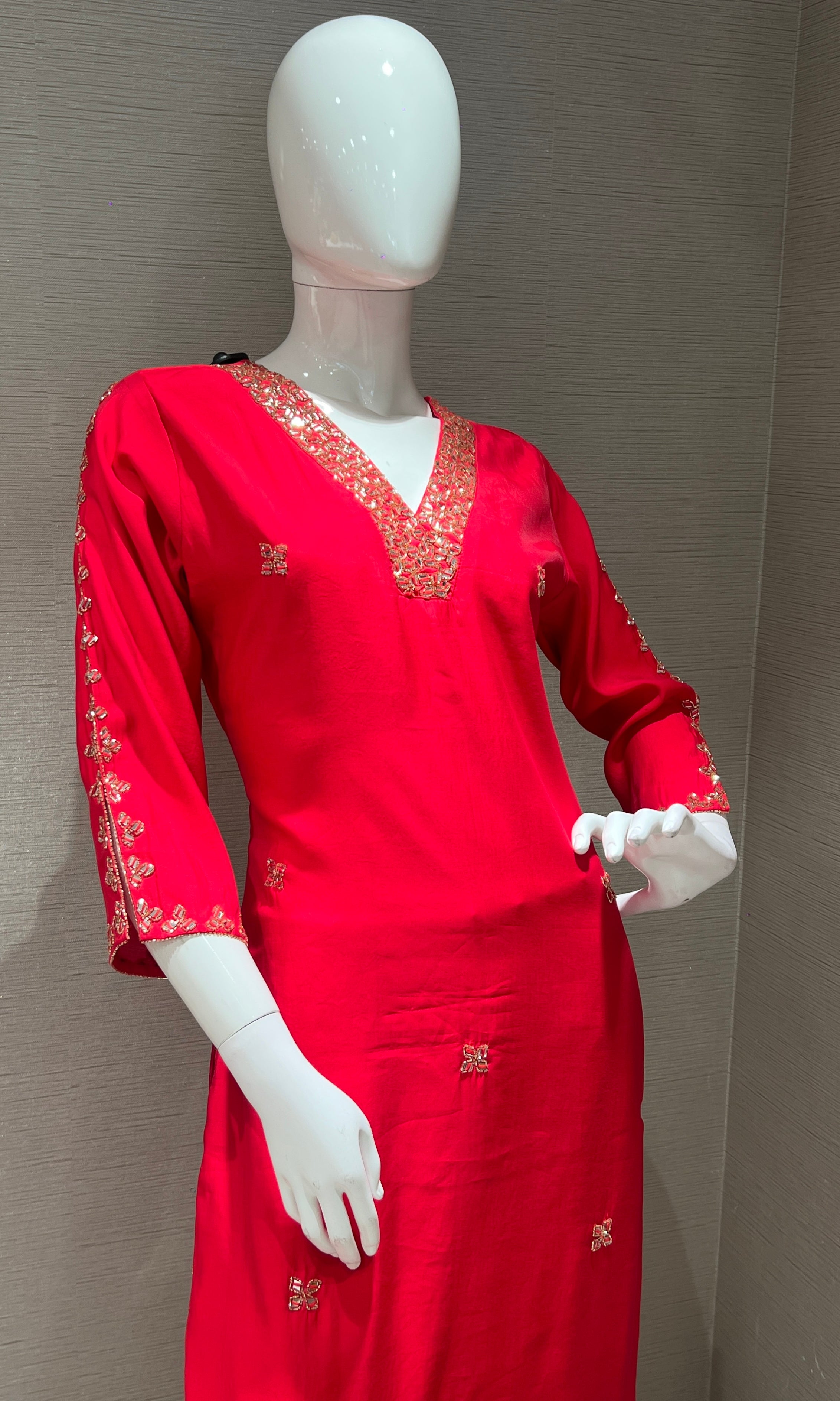 pink embroidered kurta set with striped dupatta