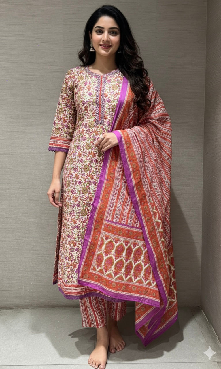 ORANGE FLORAL ETHNIC PRINTED KURTA SET