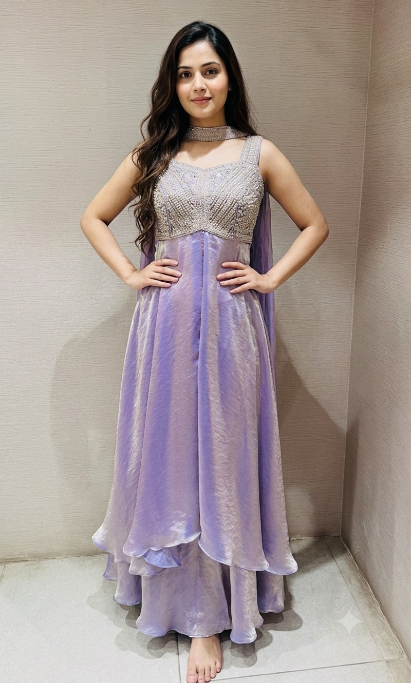 Lavender Embroidered shimmer tissue palazzo set