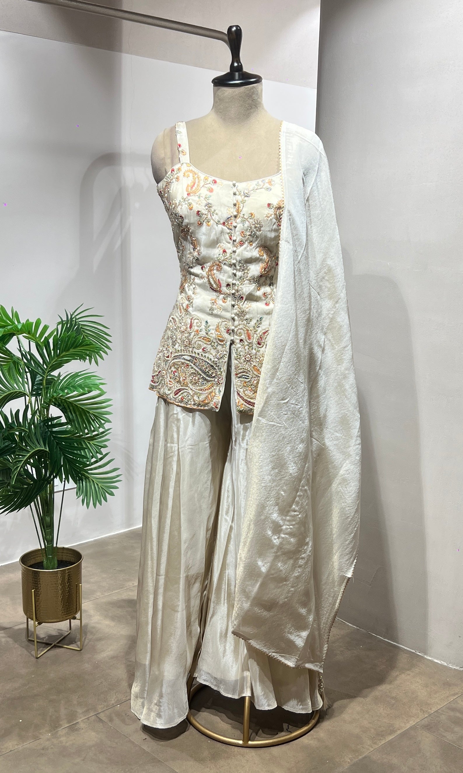 Cream Embroidered Palazzo Ensemble