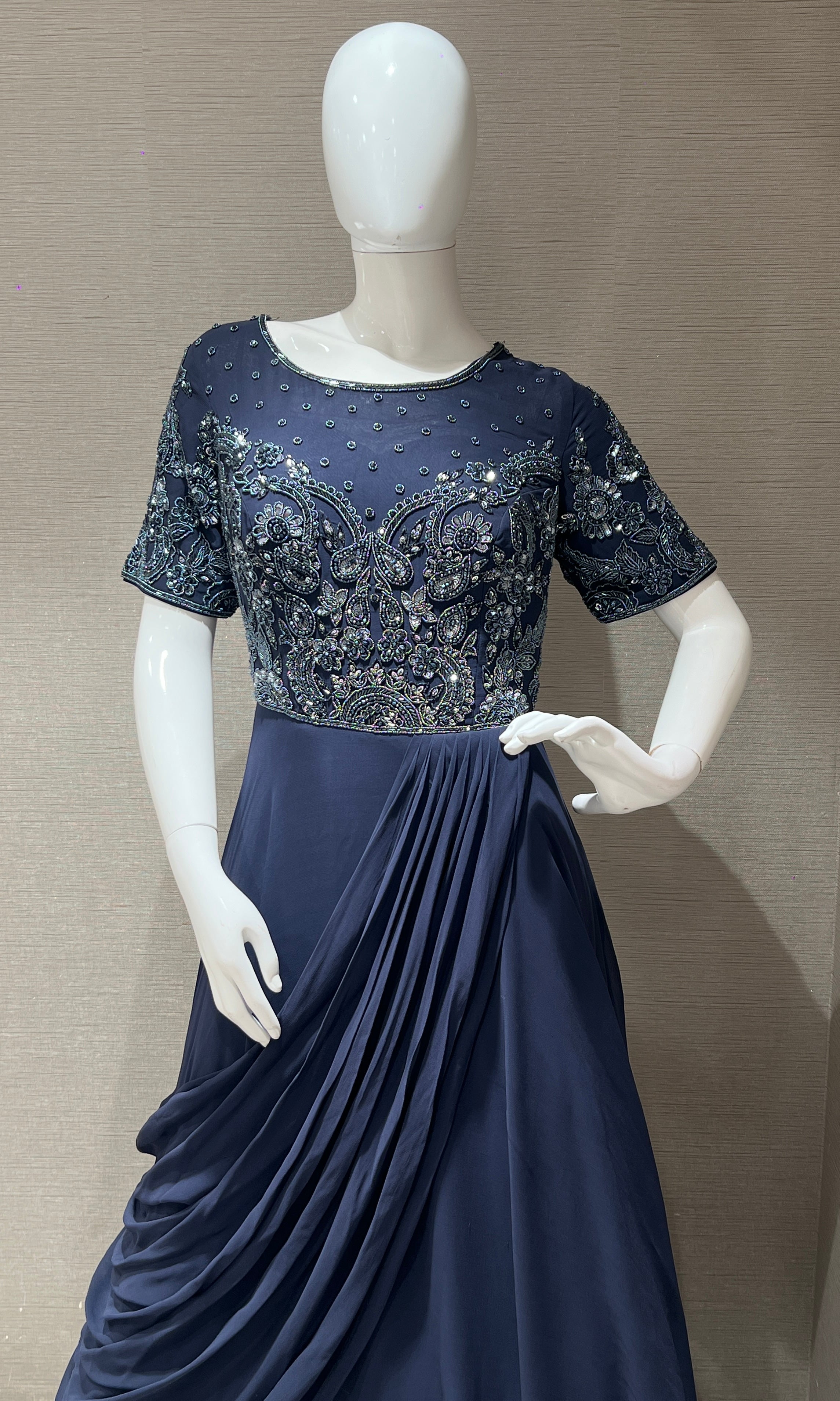Blue Embellished Drape long dress Gown