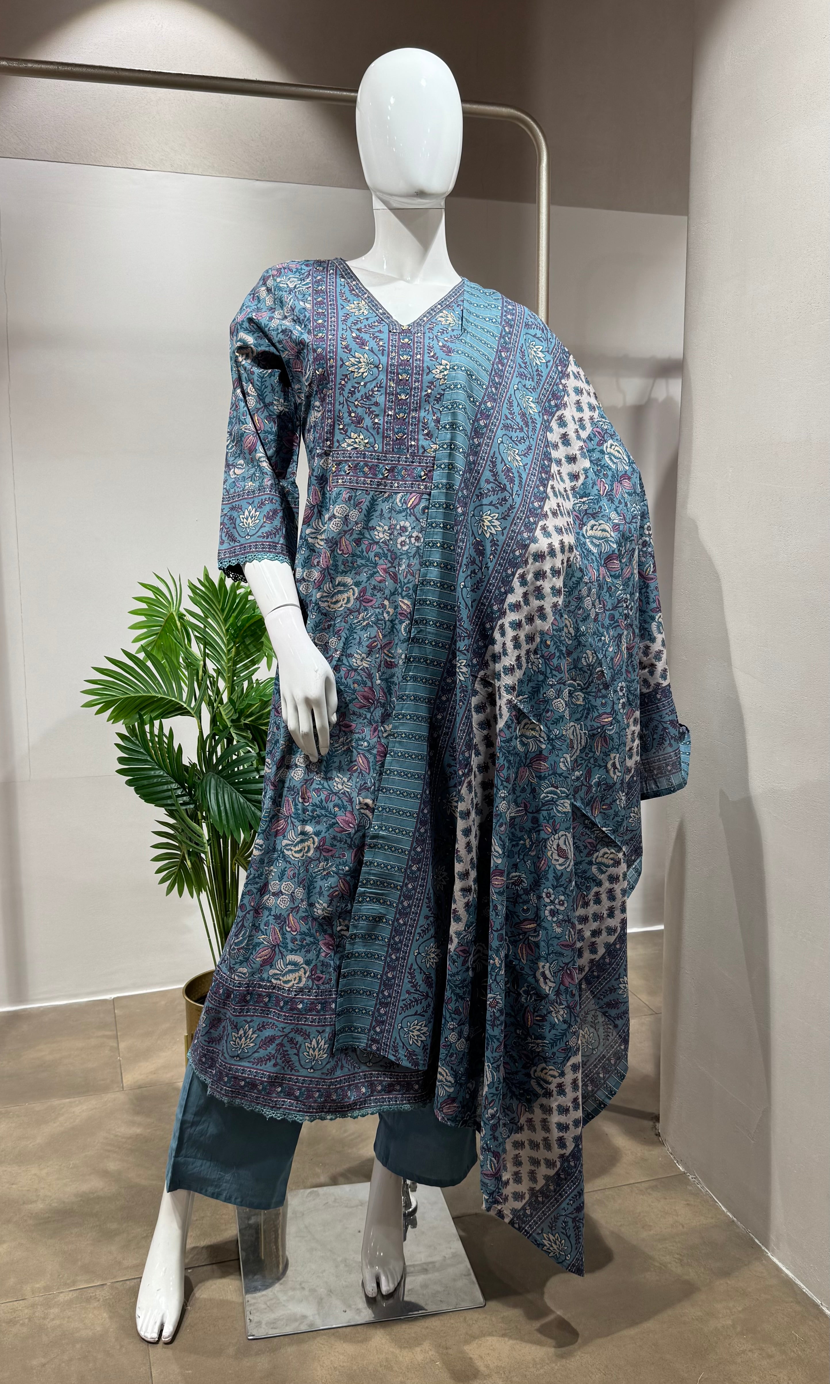 Blue Printed Pure Cotton Anarkali Kurta Set