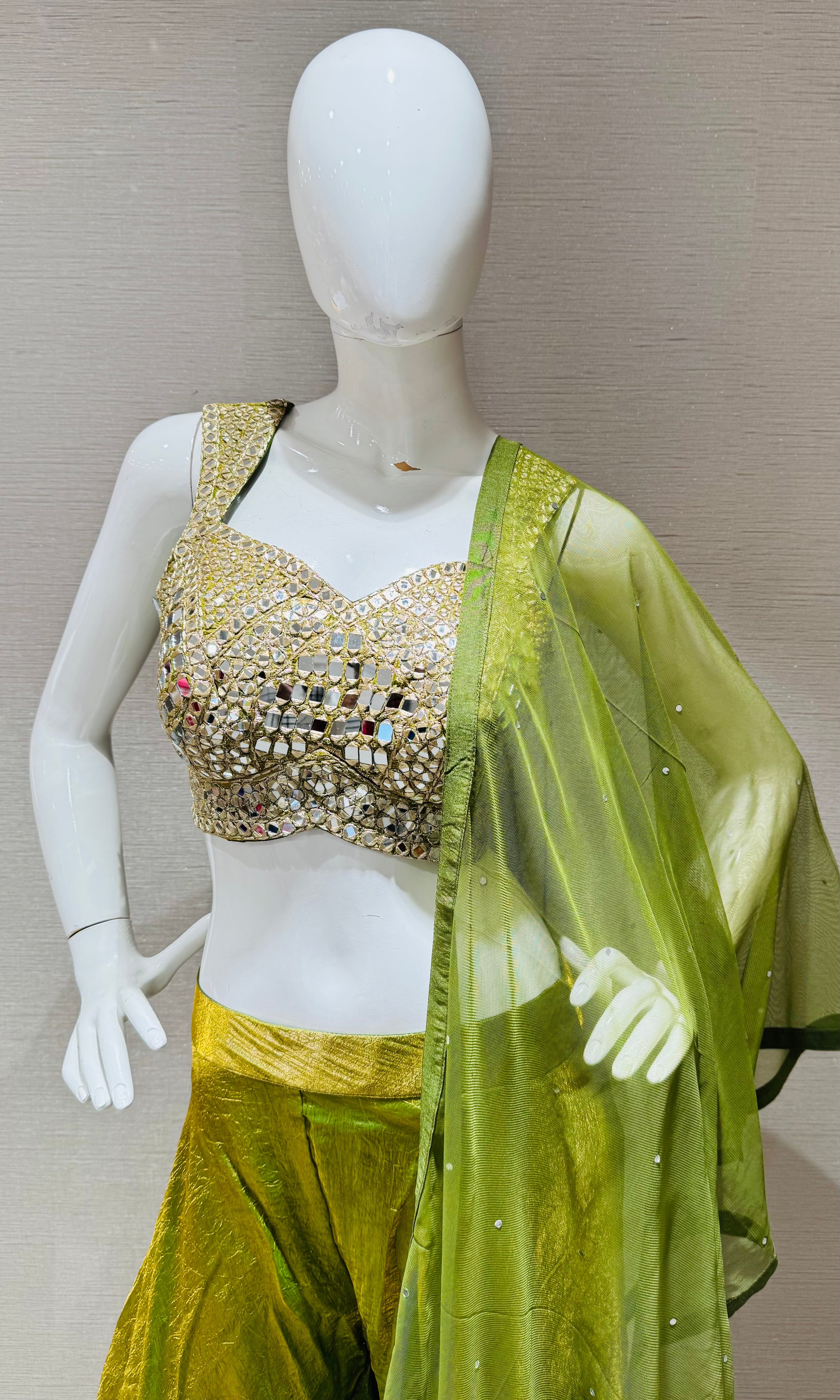 Olive Green Georgette Palazzo with Embellished Blouse