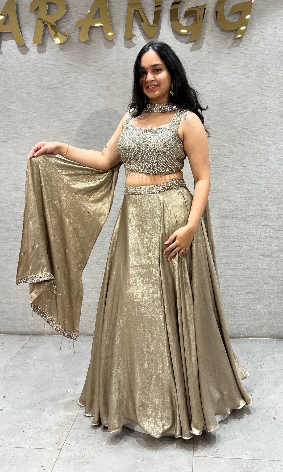 champagne Shimmering Metallic Gold Lehenga Set