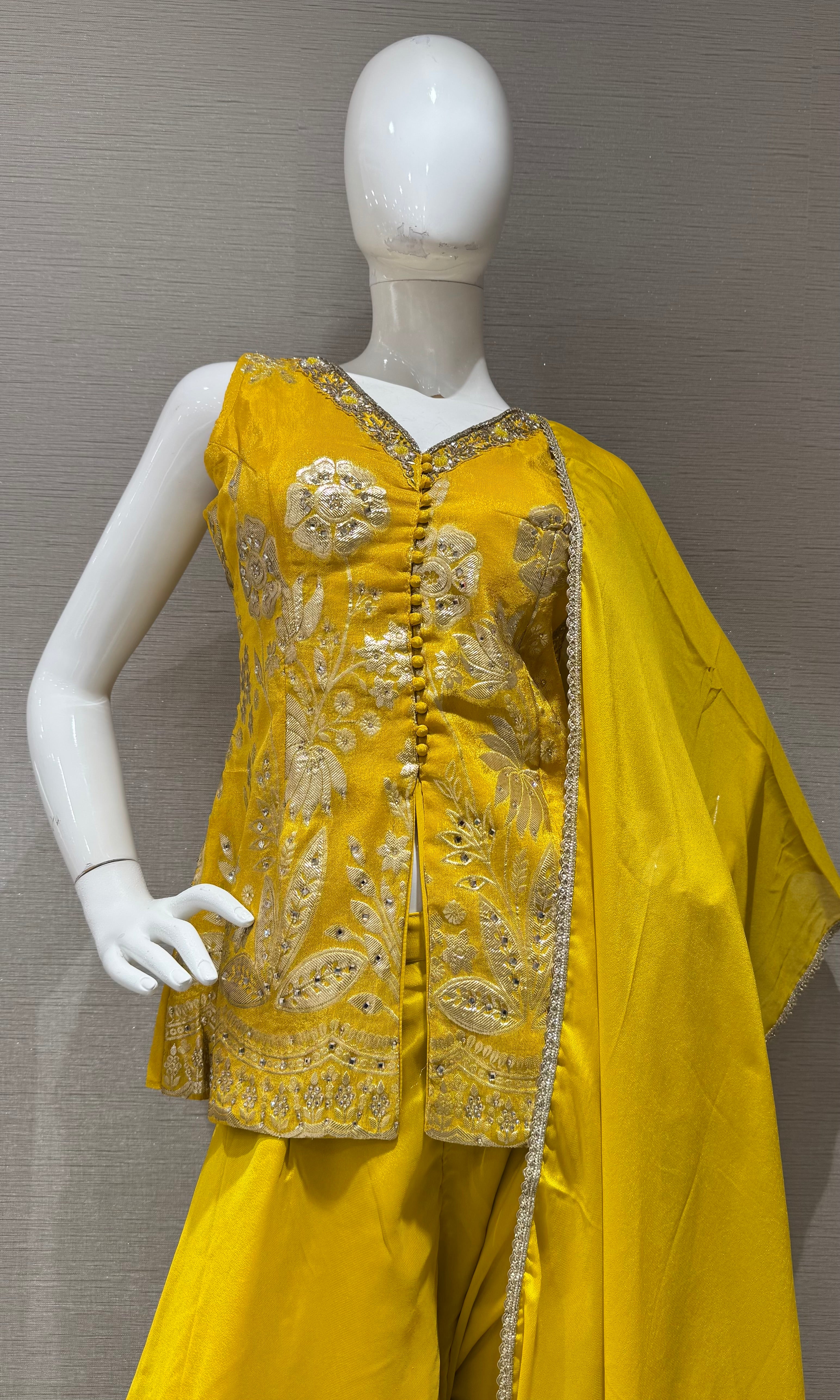 Yellow Embroidered Short Peplum Palazzo Set with Dupatta