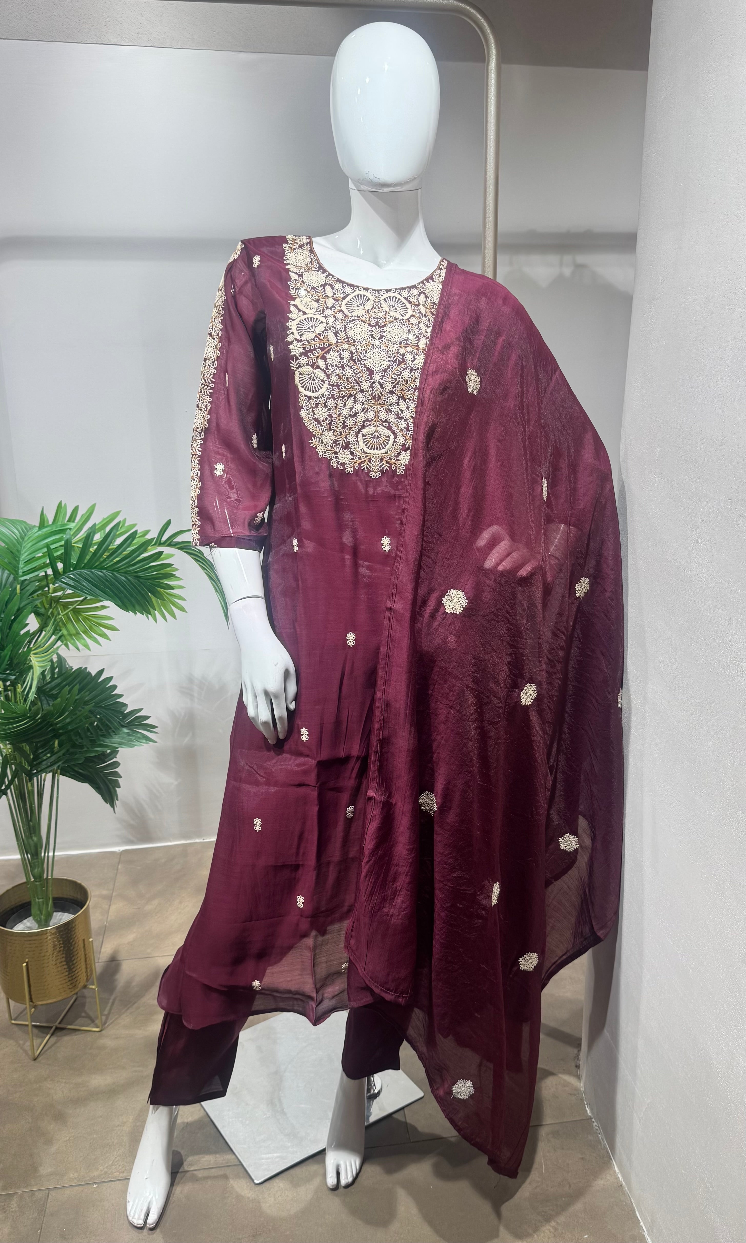 Maroon Embroidered Kurta Set