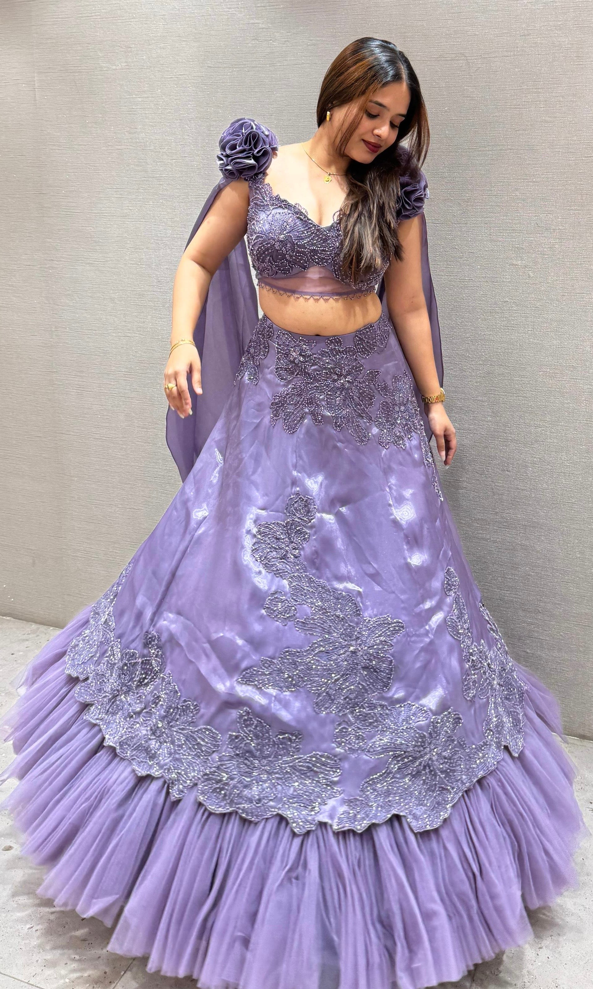 PURPLE EMBELLISHED RUFFLE LEHENGA