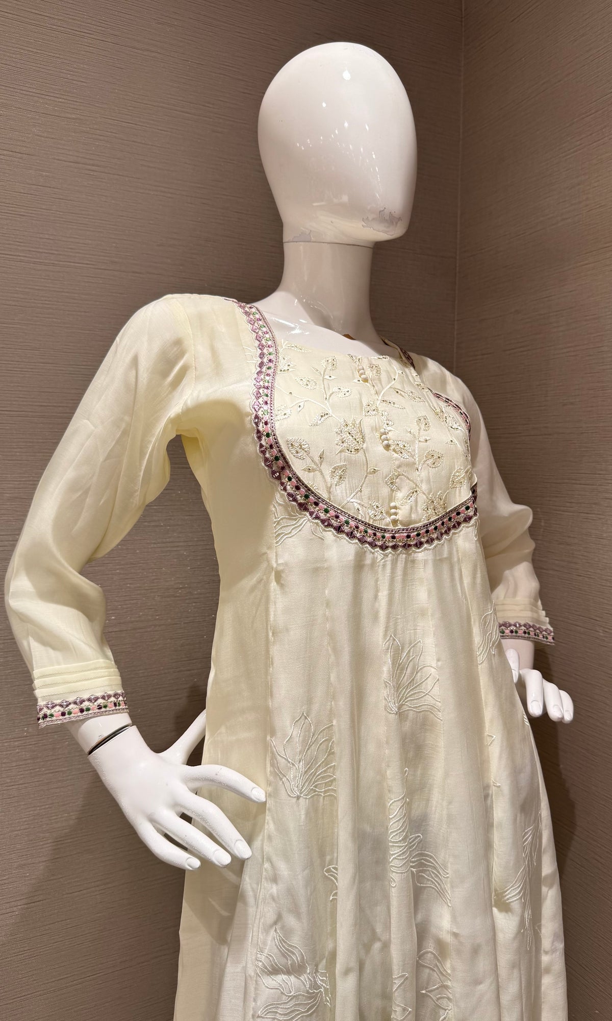 Cream Flared georgette Kurta top with Intricate Neckline