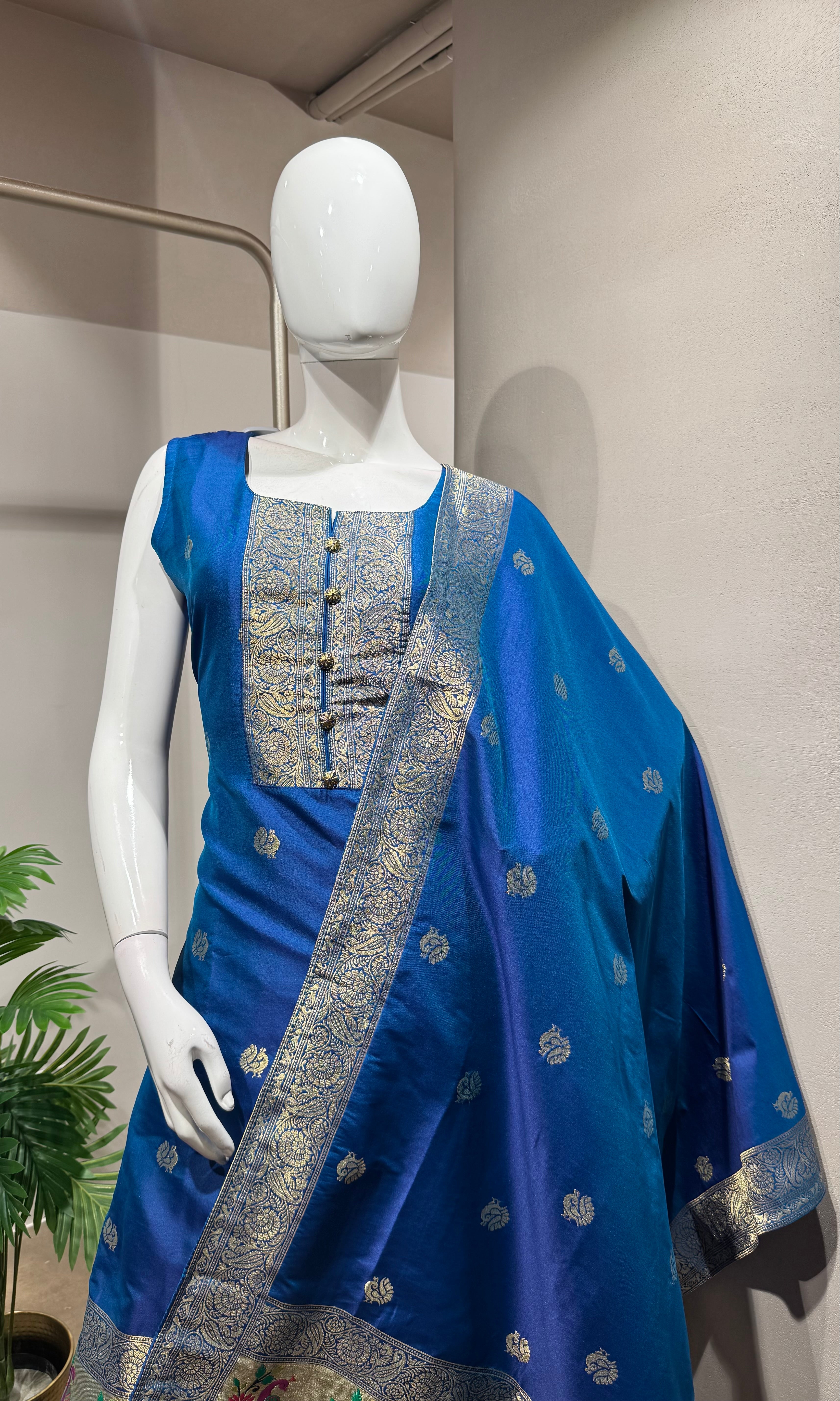 NAVY Blue Banarasi Silk Kurta Set