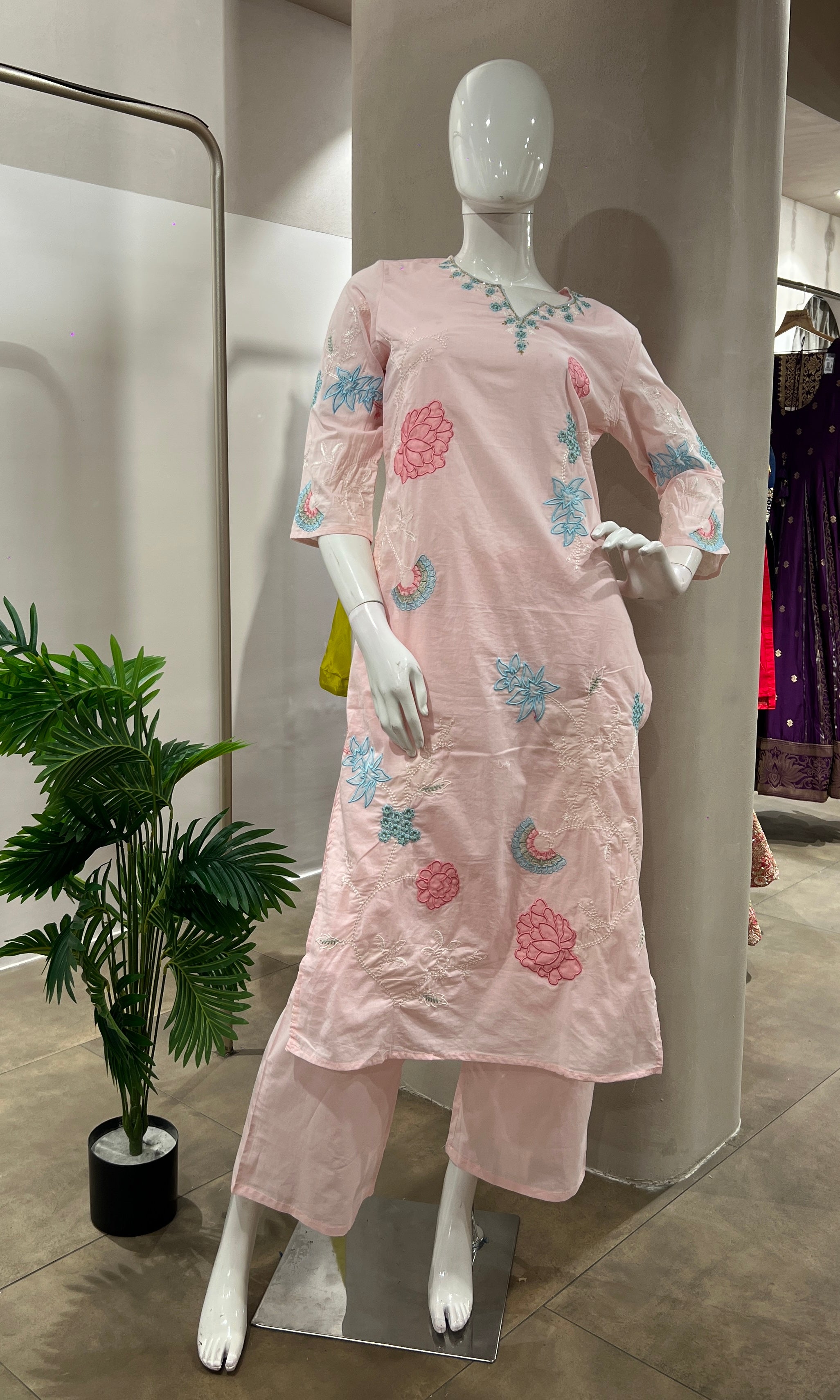 PINK FLORAL MOTIFS COTTON KURTA SET