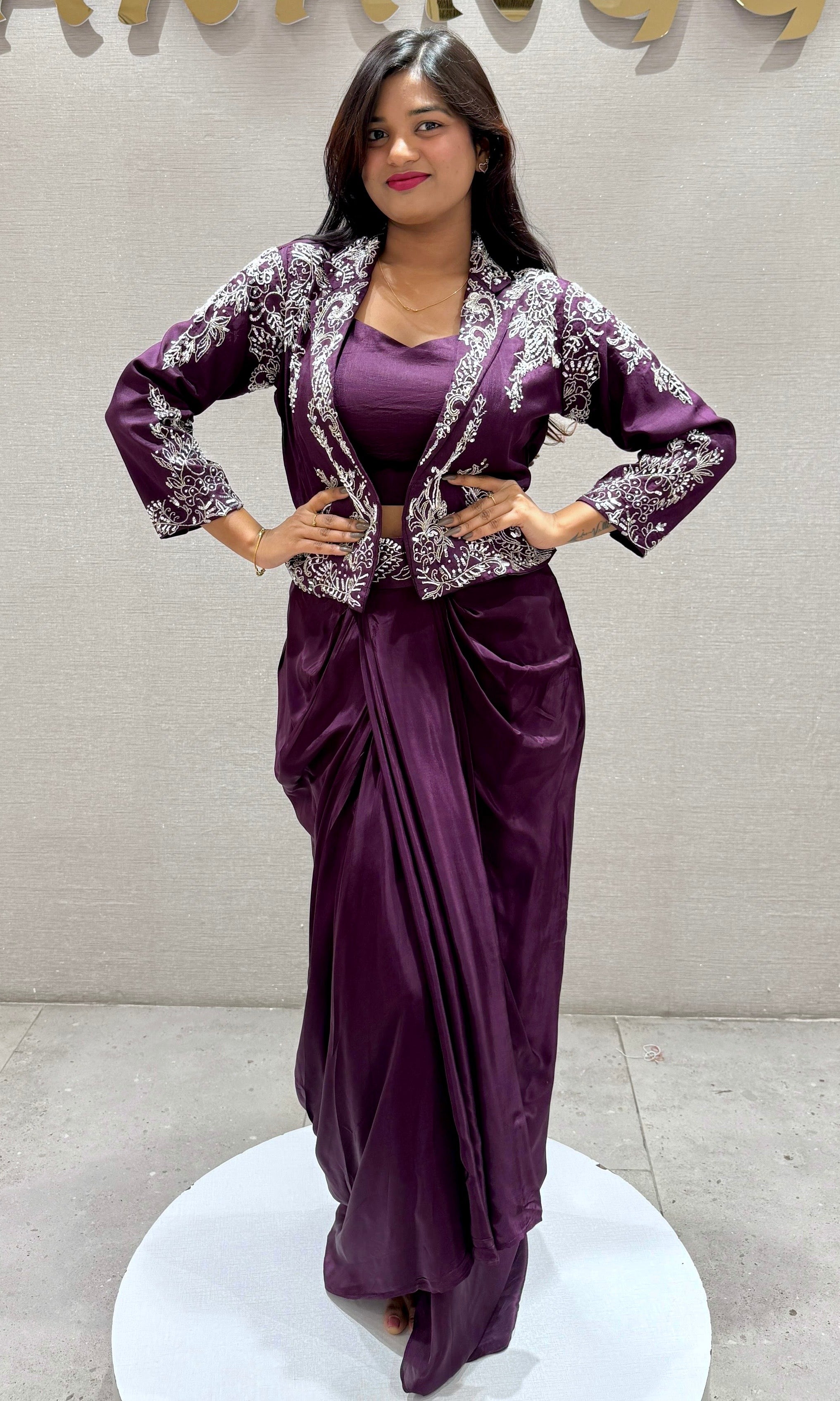 Wine 3 PIECE INDO WESTERN DRESS, COAT CROP TOP SKIRT